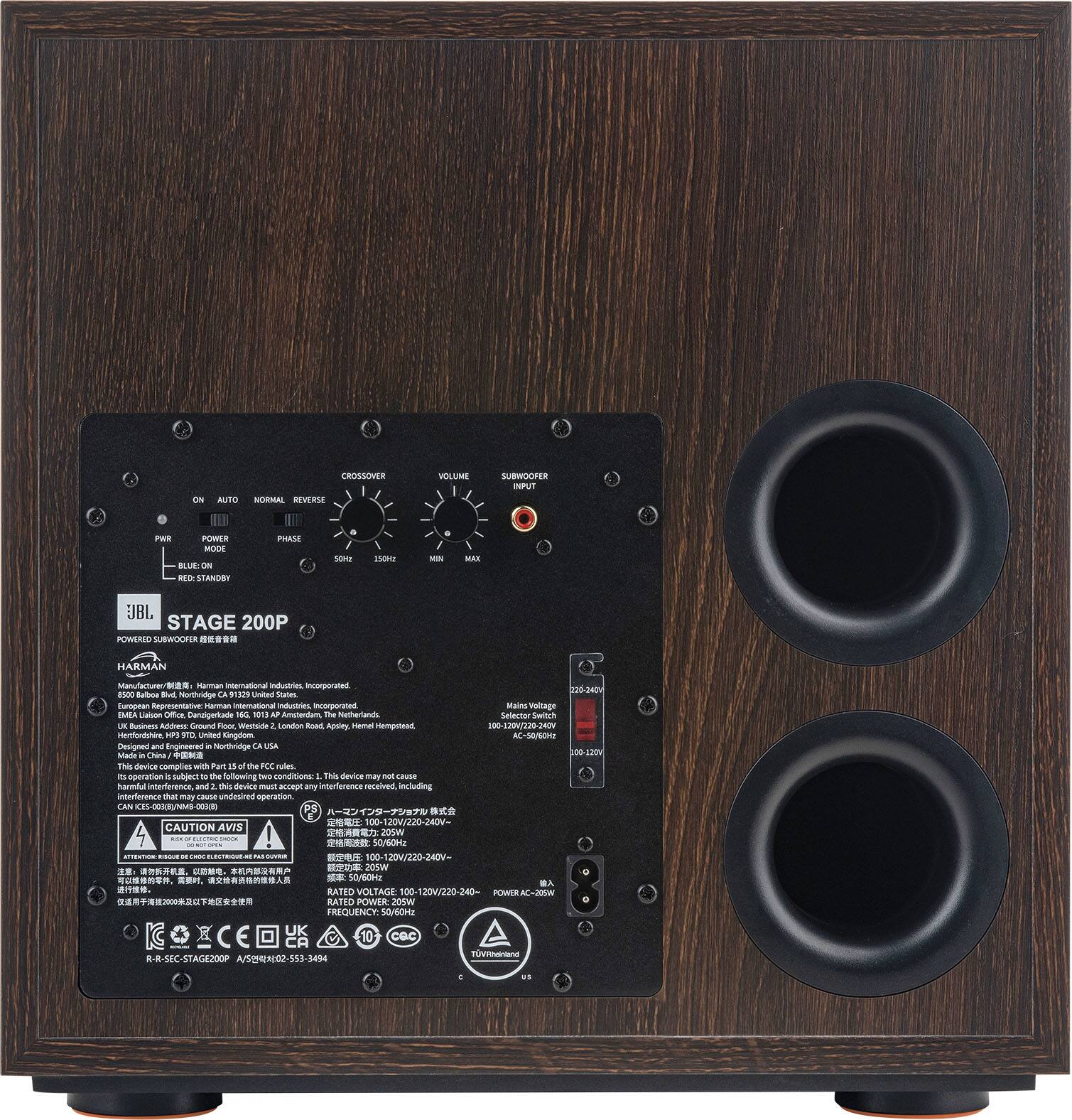 The image features a black speaker with a wooden frame, which is labeled "Stage 200P." The speaker is designed by Harman Kardon and is rated for 100-120V/220-240V. It is made in the USA and complies with Part 15 of the FCC rules for operation. The speaker is designed to be used with any audio/video equipment that requires a 3.5mm input. The device is rated for 100 watts and has a frequency response of 40 Hz to 20 kHz.