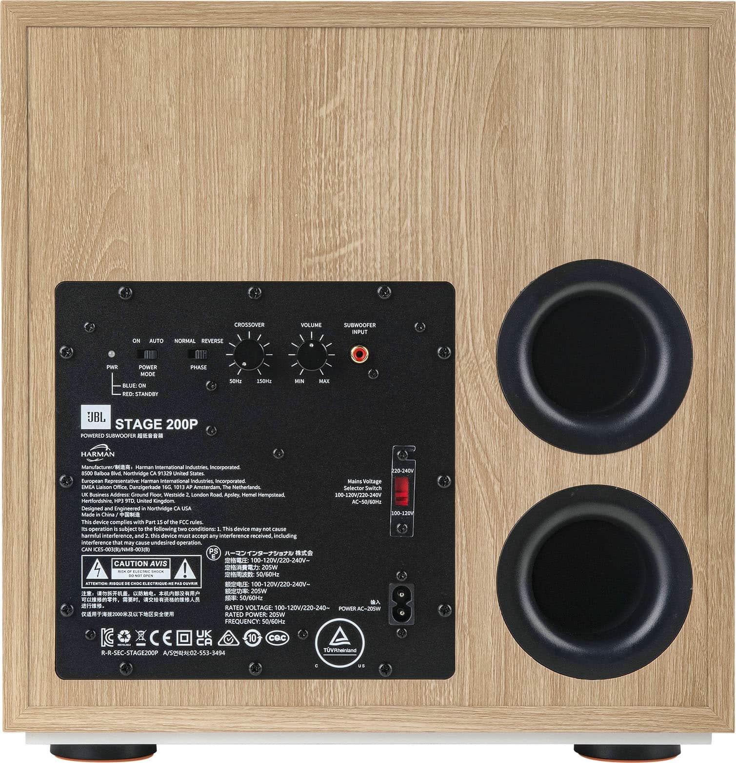 The image features a wooden speaker with a black front panel, manufactured by JBL. The speaker is designed to deliver high-quality audio and is rated at 200 watts. It is suitable for use in various settings, including homes, offices, and entertainment spaces. The speaker is equipped with a built-in amplifier, ensuring optimal sound performance. The device is designed and manufactured in the United States, and it is compatible with a wide range of voltage options, including 100-120V, 220-240V. The speaker is also equipped with a subwoofer, providing an enhanced audio experience.