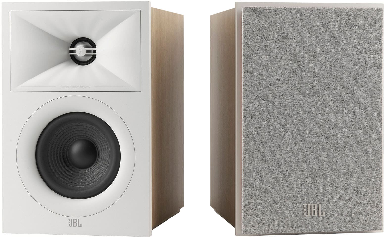 The image features two JBL speakers, one on the left and one on the right. They are both white and have a wooden enclosure. The speakers are placed next to each other, and they are both turned on.