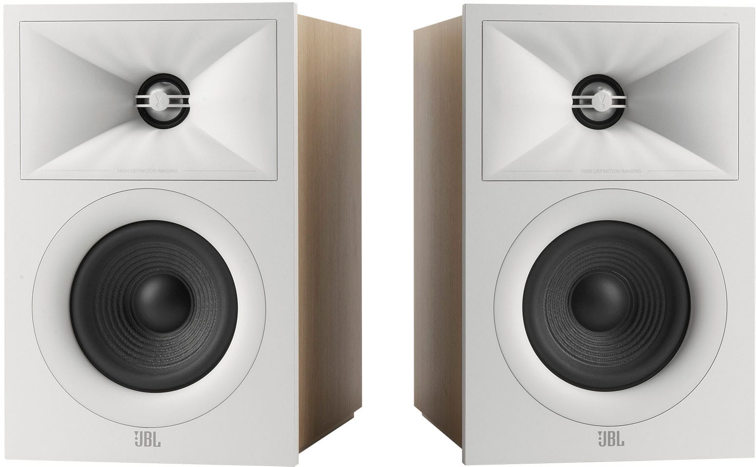 The text on the image reads "UBL UBL," which is a company name. The image features two speakers, each with a wooden enclosure, and they are placed next to each other.