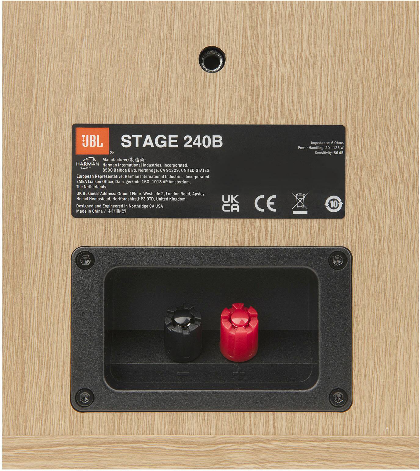 JBL Stage 240B Manufacturer: Harman International Industries Incorporated. 8500 Malibu Canyon Blvd, Northridge, CA 91328, United States. European Representative: Harman International Industries Incorporated LMILA Liaisons Office Danaikerkade 160, 013 AP Amstelve, The Netherlands. UK Business Address: Ground Floor Westside, Linden Road, Apsley, Hemel Hempstead, Hertfordshire, HP3 9TJ, United Kingdom. Designed and Engineered in Northridge, CA, USA. Made in China. CE impedance: 4 Ohms. Purpose: 20 Watts RMS, 100 Watts Program Power. Sensitivity: 100 dB SPL/1 Watt/1 Meter.