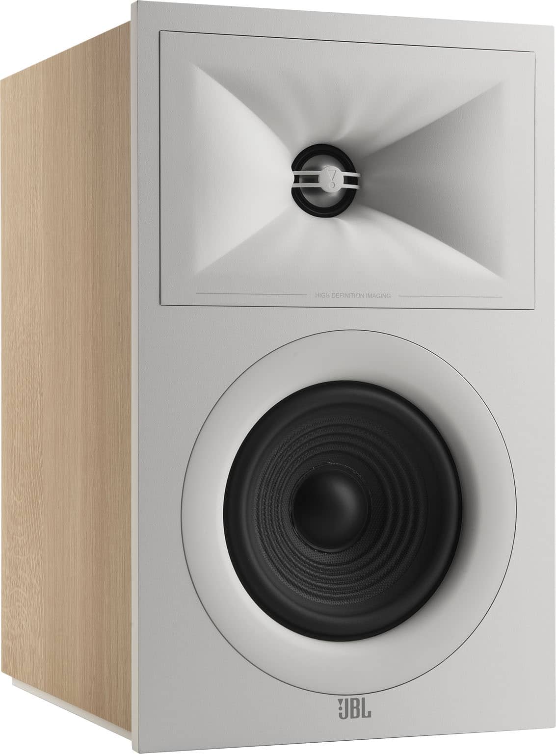 The image shows a large white speaker with a black center. The speaker is placed on a wooden stand, and it appears to be a subwoofer. The speaker is designed to enhance the sound quality of a home audio system.