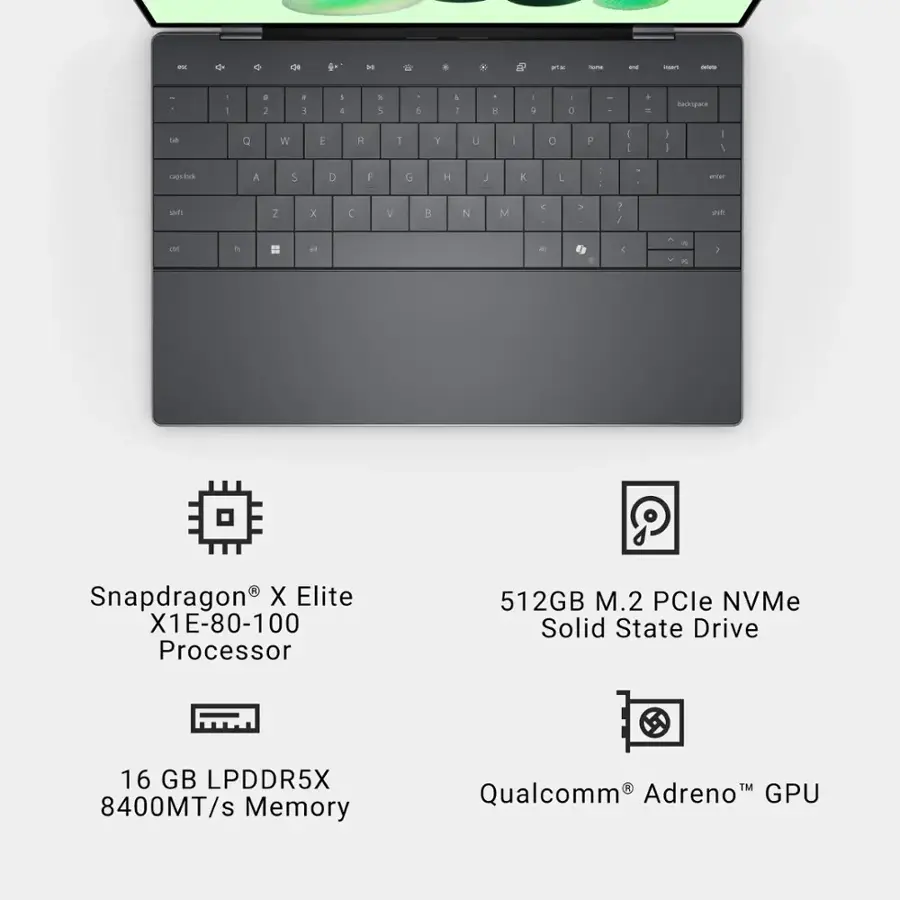 The text on the image is already grouped and correctly written. It describes the features of a laptop computer, including a Snapdragon X Elite processor, 512GB M.2 PCle NVMe solid state drive, 16 GB LPDDR5X 8400MT/s memory, and a Qualcomm Adreno GPU.