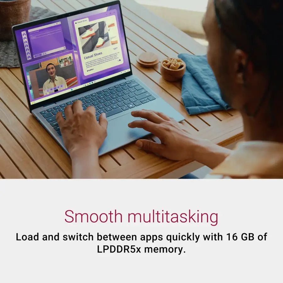 Smooth multitasking is showcased in the image, with a person using a laptop that has 16 GB of LPDDR5x memory. This allows for quick and efficient switching between apps, providing a seamless experience for the user.