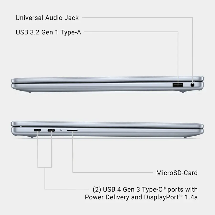 Universal Audio Jack USB 3.2 Gen 1 Type-A MicroSD-Card R (2) USB 4 Gen 3 Type-C ports with Power Delivery and DisplayPort 1.4a