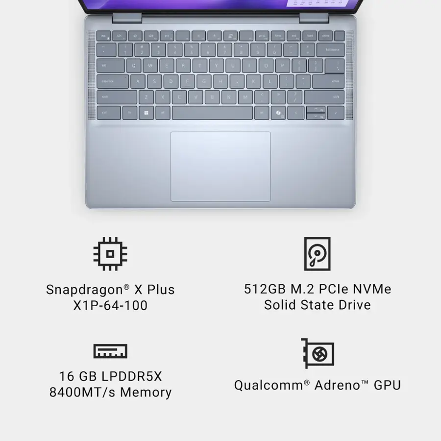 The text on the image reads:

* Snapdragon X Plus X1P-64-100
* 512GB M.2 PCle NVMe Solid State Drive
* 16 GB LPDDR5X 8400MT/s Memory
* Qualcomm Adreno GPU