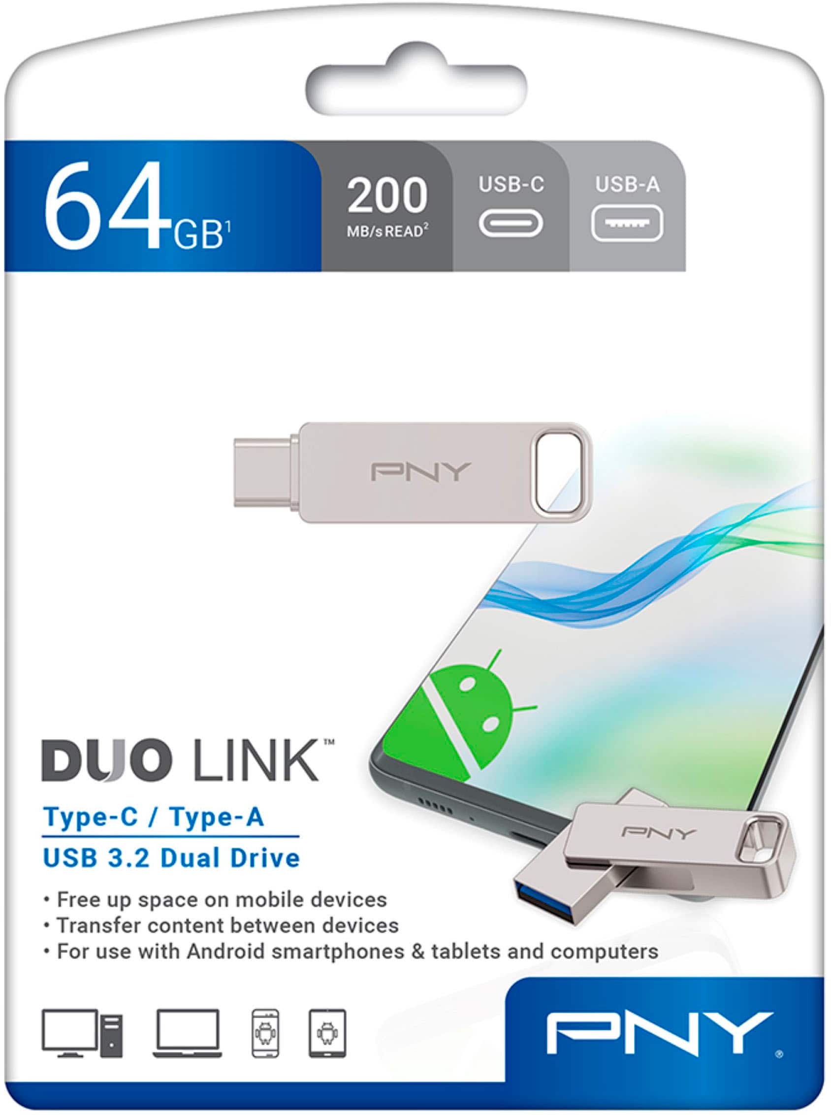 The image features a PNY Duo Link USB drive, which is a 64GB USB-C and USB-A dual drive. It is designed to provide fast transfer speeds of up to 200 MB/s and is compatible with both Android smartphones and tablets, as well as computers. The USB drive is packaged in a plastic sleeve, which is opened to reveal the device. The package also includes a user manual for easy setup and use.