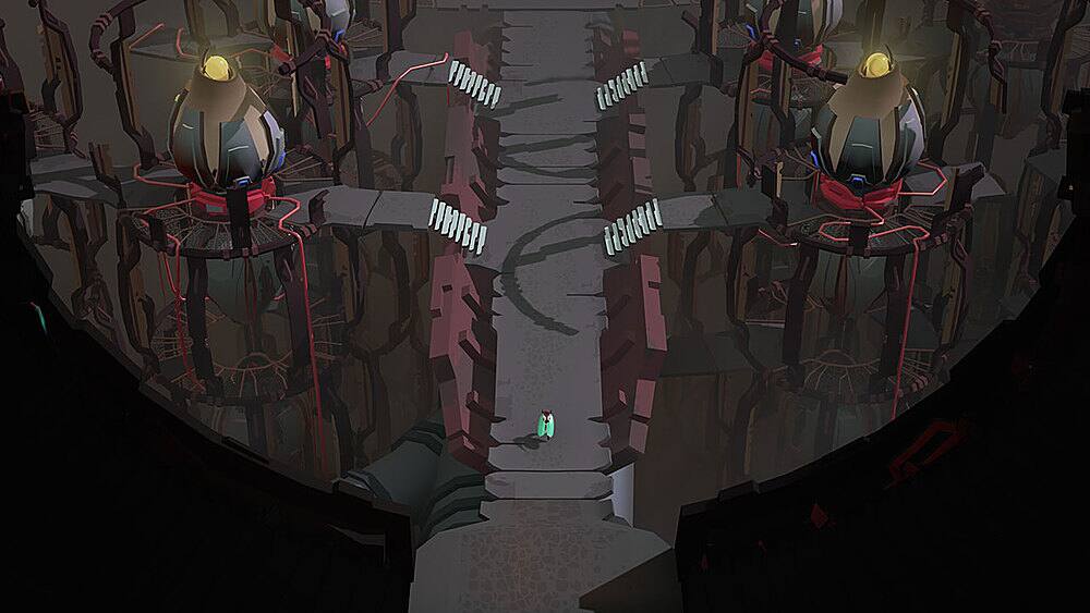 The image is a video game scene featuring a character standing in a dark room with a red floor. There are two robots in the room, one on the left side and the other on the right side. The character appears to be walking through the room, possibly exploring or interacting with the robots. The room has a unique design, with a red floor and a combination of dark and light elements. The scene captures the essence of a video game environment, where the player navigates through various obstacles and encounters with non-player characters.