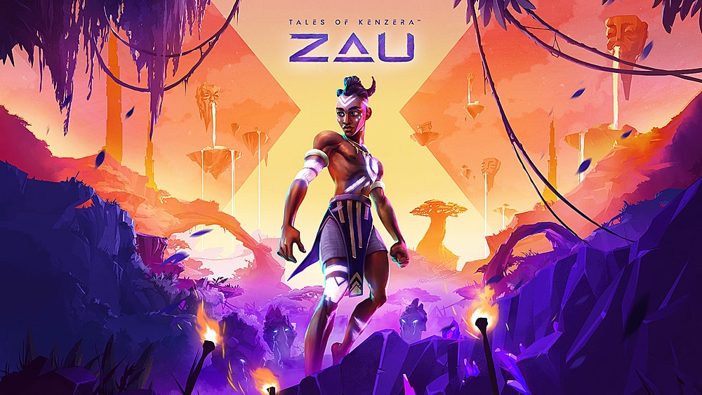 The image features a woman standing in a purple and orange environment, possibly a video game setting. The woman is holding a sword, and there are several other swords around her. The scene appears to be a promotional image for a video game called "Tales of Zau." The woman is the central figure in the image, and her presence and the swords suggest that she might be a character or a protagonist in the game.
