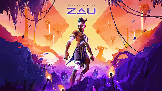 The image features a woman standing in a purple and orange environment, possibly a video game setting. The woman is holding a sword, and there are several other swords around her. The scene appears to be a promotional image for a video game called "Tales of Zau." The woman is the central figure in the image, and her presence and the swords suggest that she might be a character or a protagonist in the game. - E10+ (Everyone 10+)