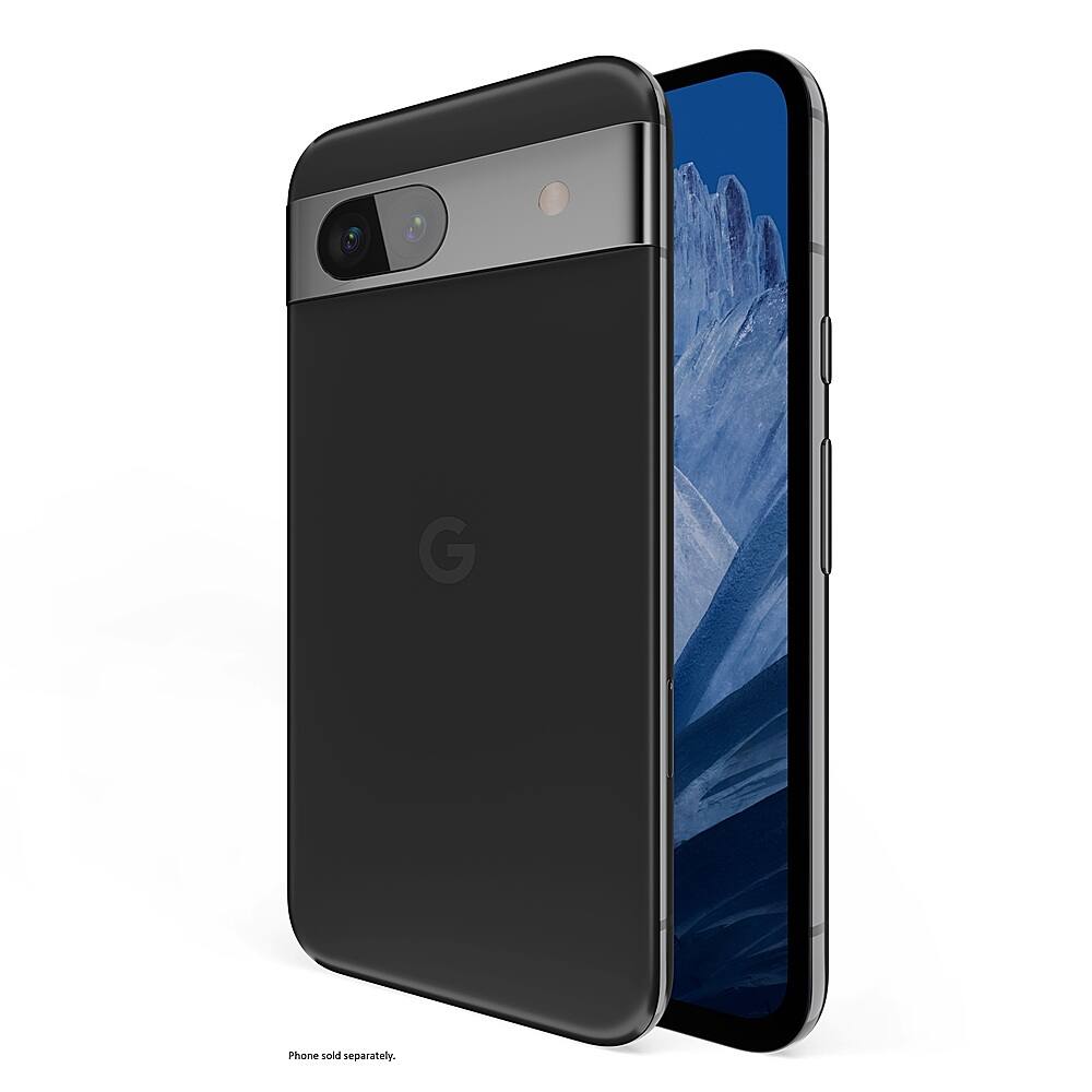 The image features a black cell phone with a blue background. The phone is a Google Pixel, and it is being displayed in a close-up view. The phone is not sold separately; it is usually sold as part of a package with a service plan.
