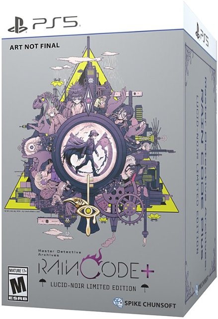 The box for RainCode+ features a unique design with a triangle shape and a circle in the middle. The box is marked "Mature 17+", indicating that the content is not suitable for younger audiences. The game is a limited edition of RainCode+, which is a detective game developed by Spike Chunsoft. The box also includes a PS5 game, making it a great addition to any gaming collection.