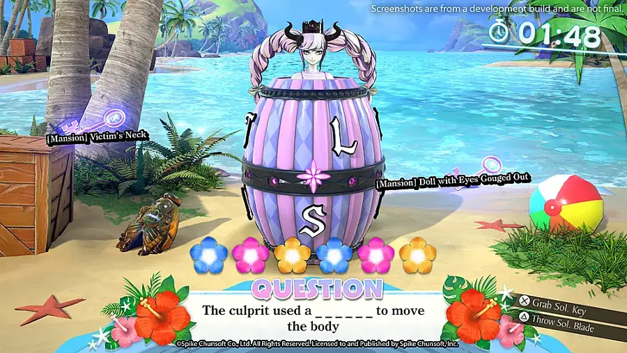 The text on the image is grouped and corrected as follows:

Screenshots are from a development build and are not final.
01:48 Victim's Neck [Mansion]
1 L with Eyes Gouged Out [Mansion]
Doll S
QUESTION
The culprit used a to move the body
Spike Chunsoft CO., Ltd.
All Rights Reserved.
Licensed to and Published by Spike Chunsoft, Inc.
X Grab Sol. Key Throw Sol. Blade