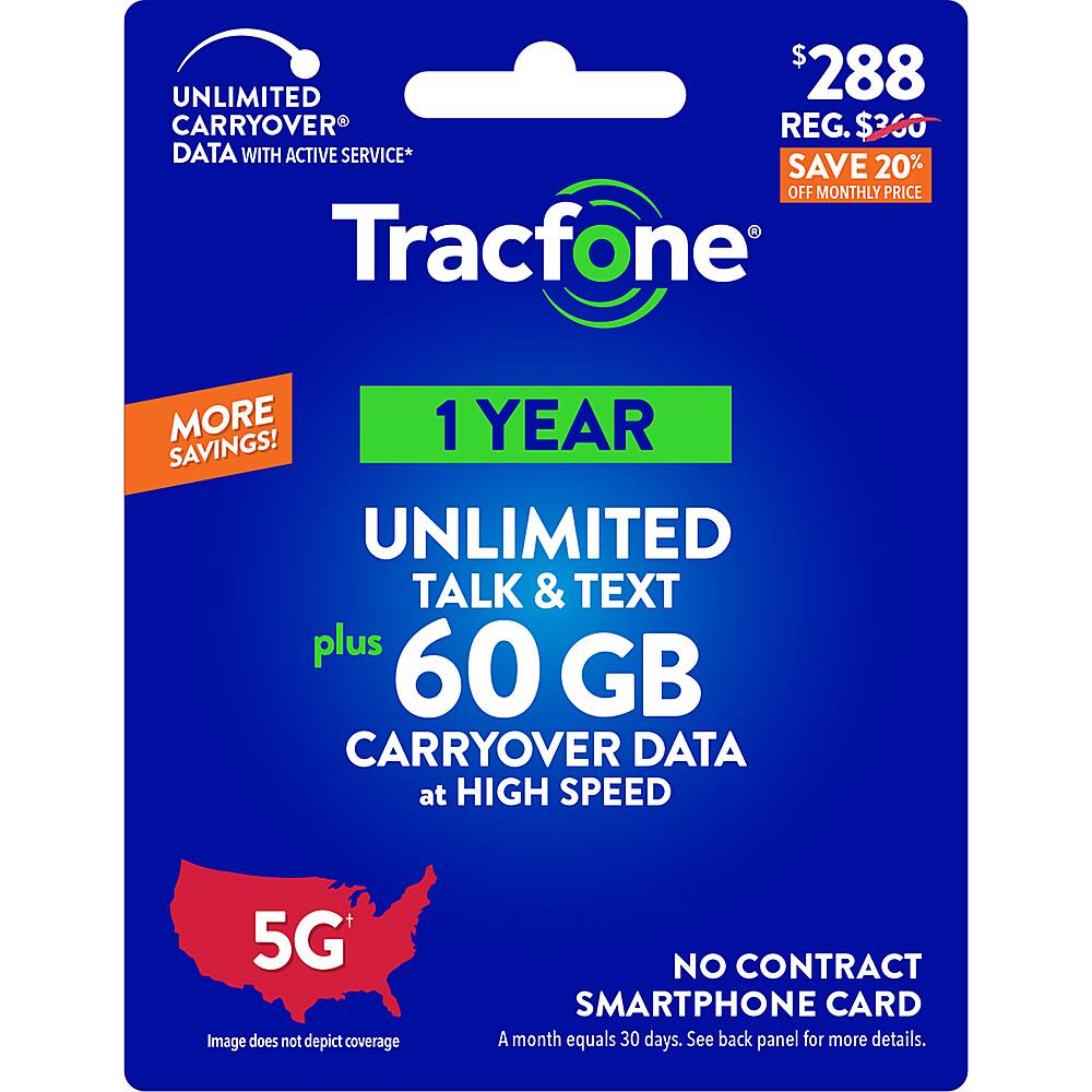 Tracfone 288 Unlimited Talk & Text plus 60GB of Data 365Day Prepaid