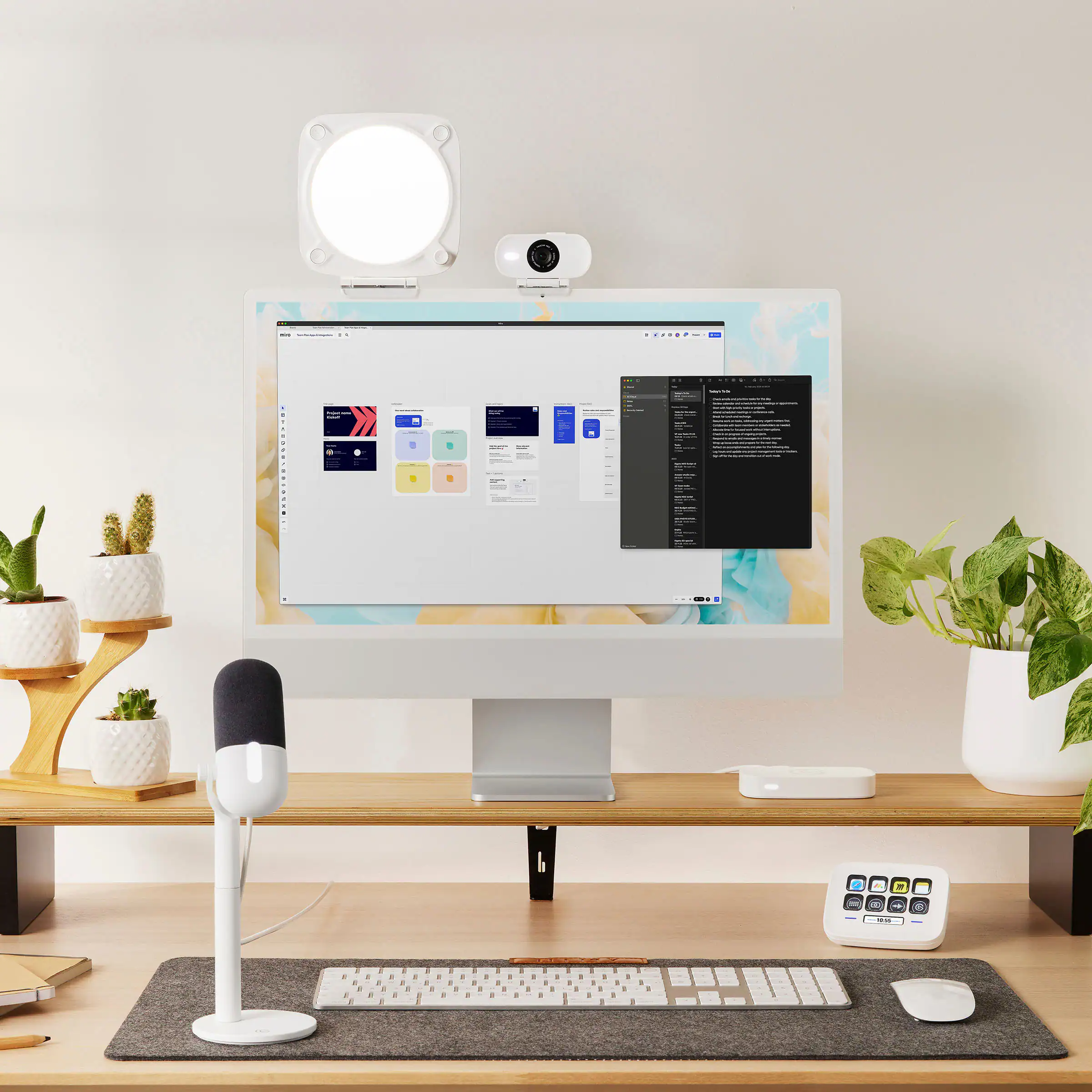 The image features a computer desk with a desktop computer, keyboard, and mouse. There is a large monitor on the desk, which is turned on. The desk also has a microphone and a webcam, indicating that it is set up for video conferencing or online meetings. 

Additionally, there are two potted plants on the desk, one on the left side and another on the right side. A book can be seen on the left side of the desk, and a remote control is placed near the right side of the desk. The overall scene suggests a well-equipped workspace for productivity and communication.