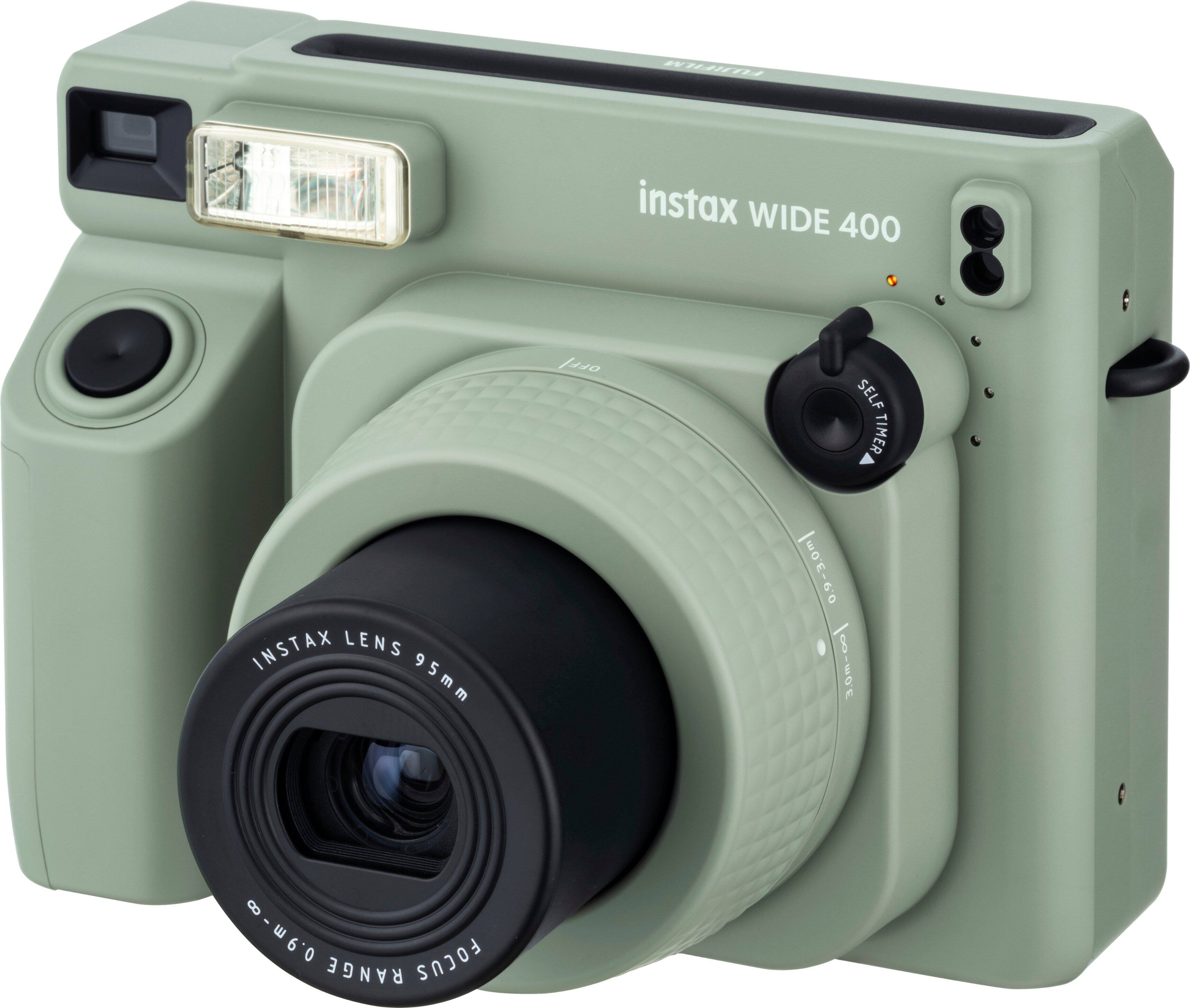 The text on the image reads: "instax WIDE 400 J400 40 SELF TIMER INSTAX LENS 95mm F2.0 - 0.81 - w0E-60 0.00 - w60 FOCUS RANGE."