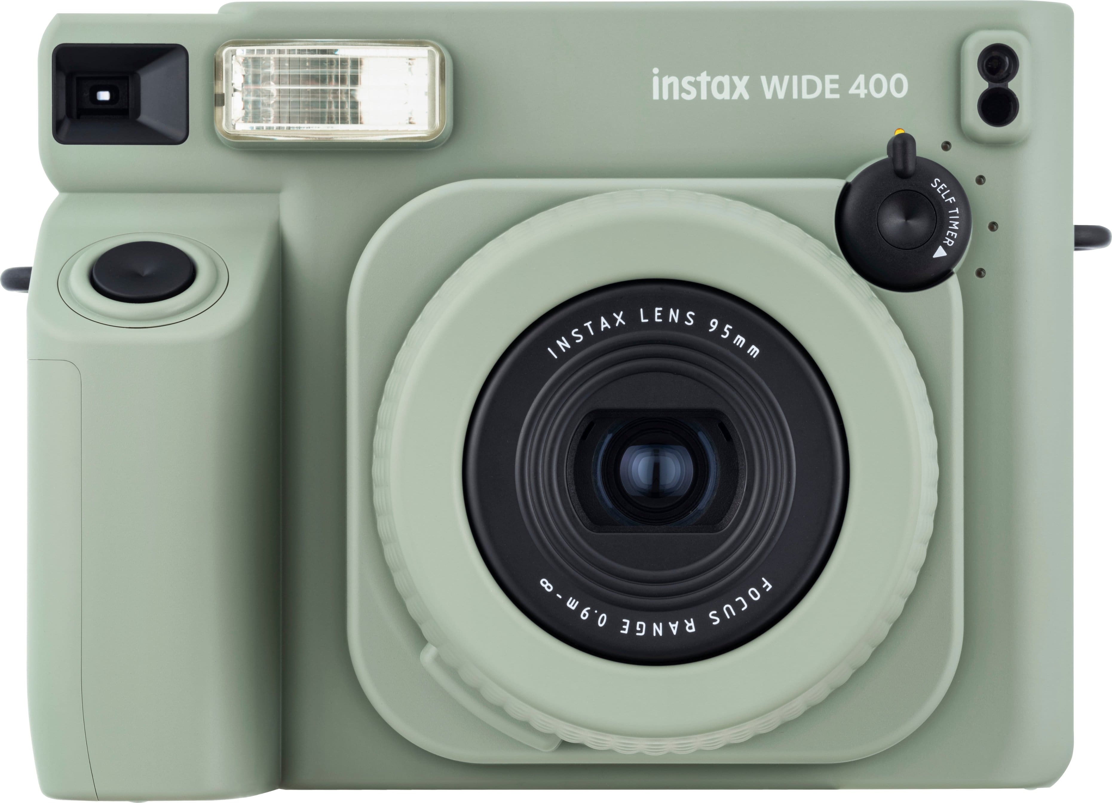 The text on the image reads "instax WIDE 400 SELF TIMER LENS INSTAX 95mm -w60 RANGE FOCUS."