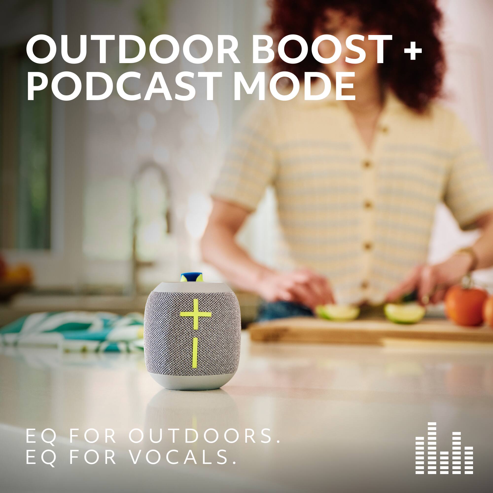 The text on the image is grouped as follows:

1. "Outdoor Boost + Podcast Mode + EQ for Outdoors. EQ for Vocals."

The corrected text is:

"Outdoor Boost + Podcast Mode + EQ for Outdoors. EQ for Vocals."