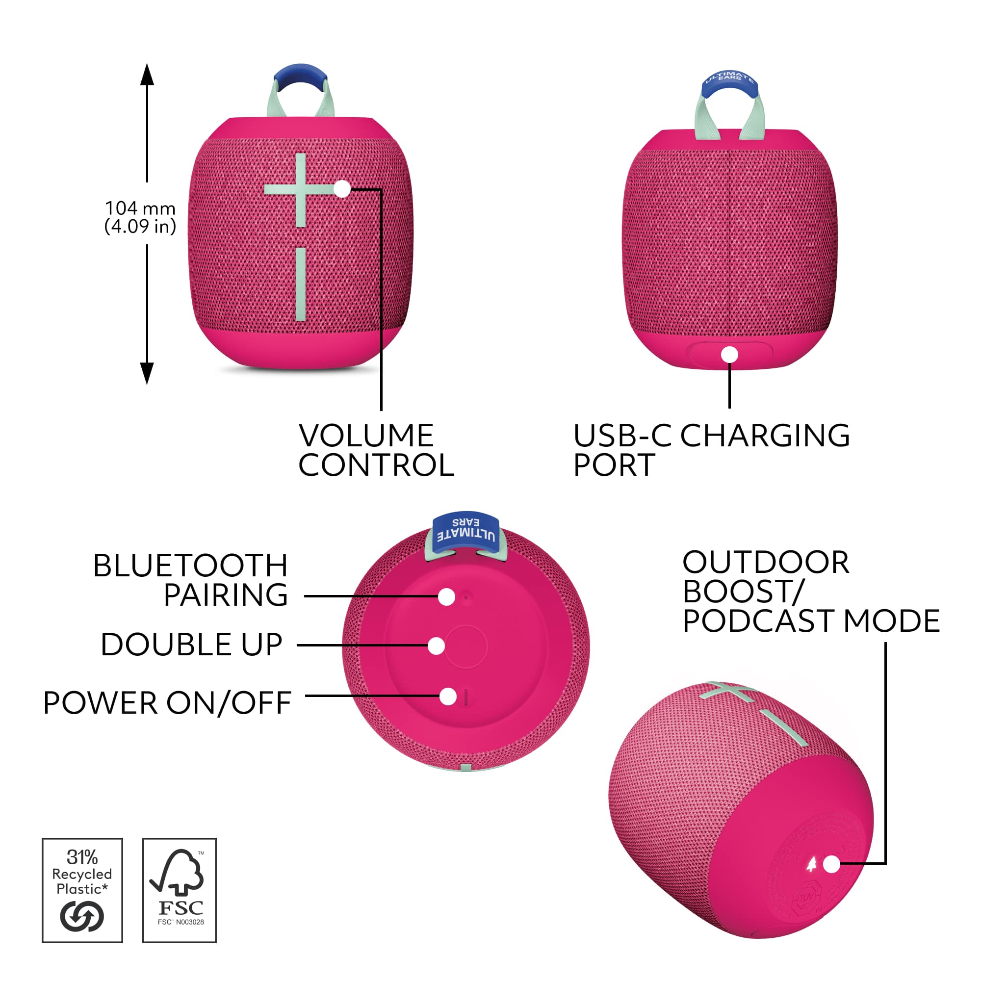 The image features a pink speaker with diagrams and labels explaining its various functions. The speaker has a volume control, a USB-C charging port, Bluetooth pairing capabilities, a double up ears feature, an outdoor boost mode, and a podcast mode. The speaker is made of 31% recycled plastic and is marked with a FSC logo.