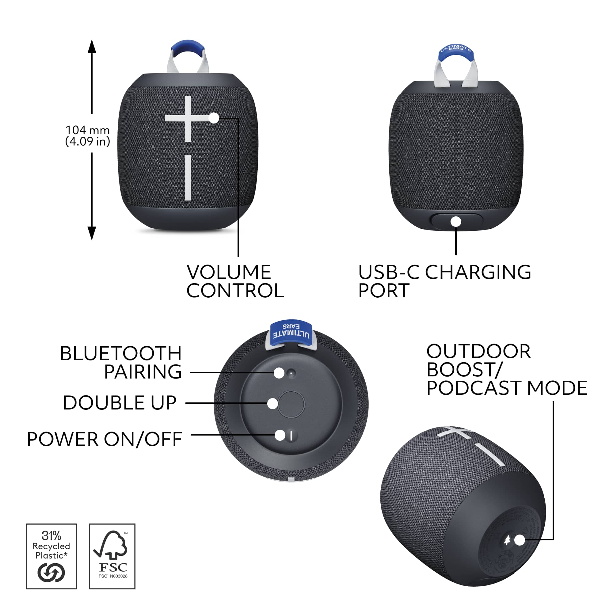 The image shows a diagram of a Bluetooth speaker with various features labeled. These features include a USB-C charging port, a volume control, Bluetooth pairing, a double up ears option, an outdoor boost/podcast mode, and a power on/off switch. The speaker is made of 31% recycled plastic and is marked with the FSC logo.