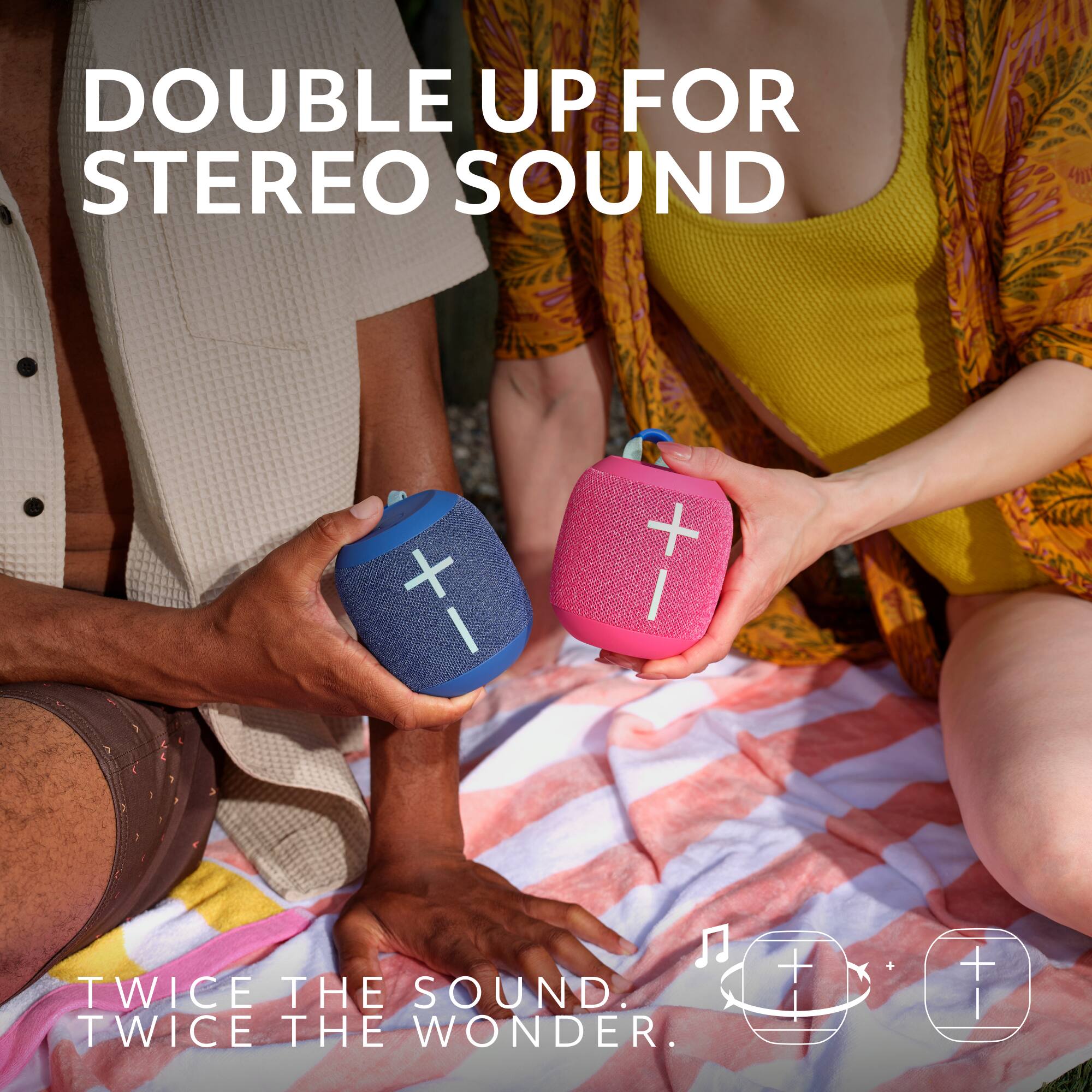 The text on the image reads: "Double Up for Stereo Sound. Twice the Sound. Twice the Wonder."