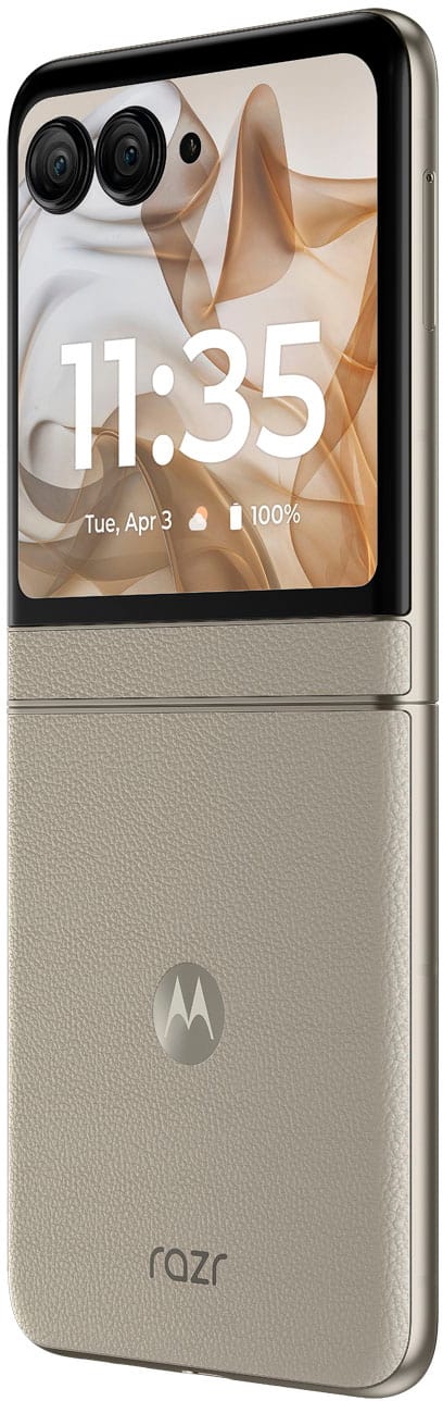 The text on the image reads "11:35 Tue, Apr 3 100% M razr." This can be grouped and corrected as follows:
"11:35 Tue, Apr 3 100% Moto Razr."