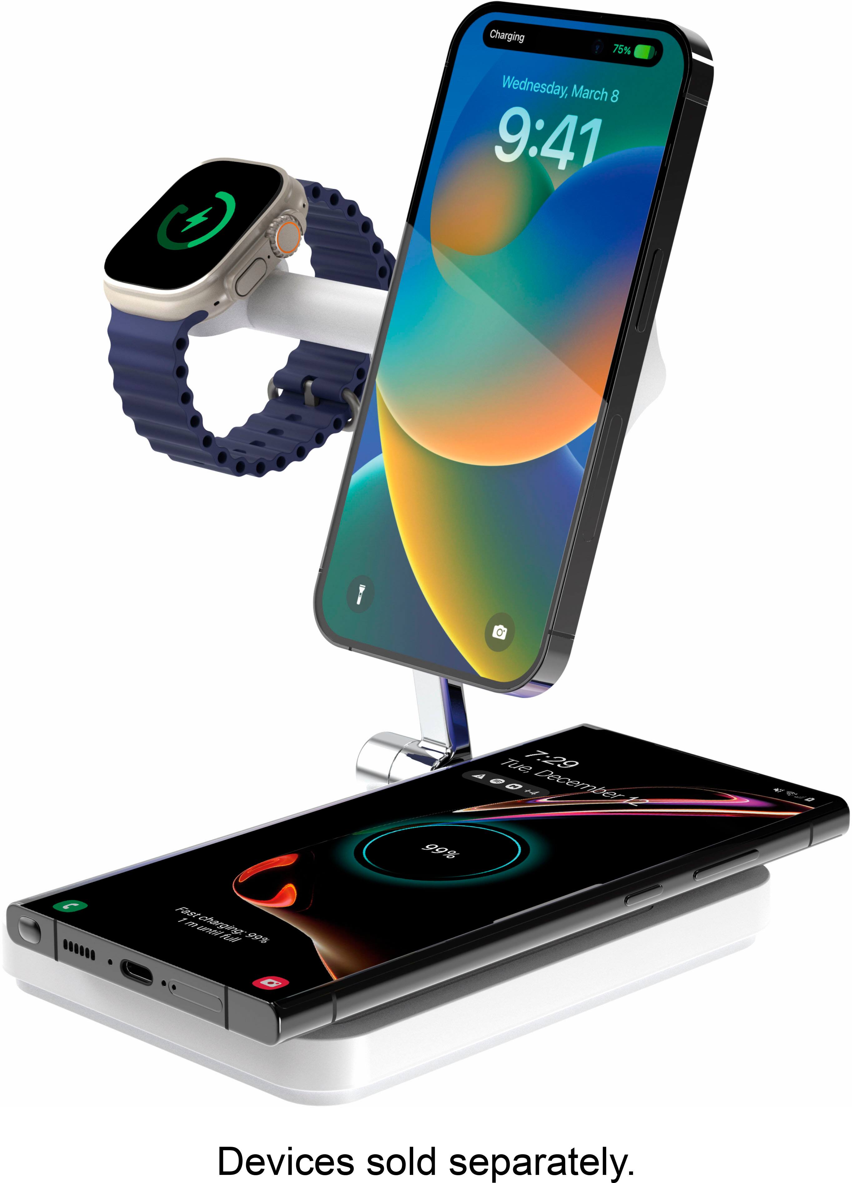 The image features a cell phone, a watch, and a charger. The cell phone is charging and is currently at 75% battery life. The watch is also charging and is placed on a charging station. The charger is connected to both the cell phone and the watch, ensuring they are charged efficiently. The image also shows the time displayed on the cell phone, which is 9:41.