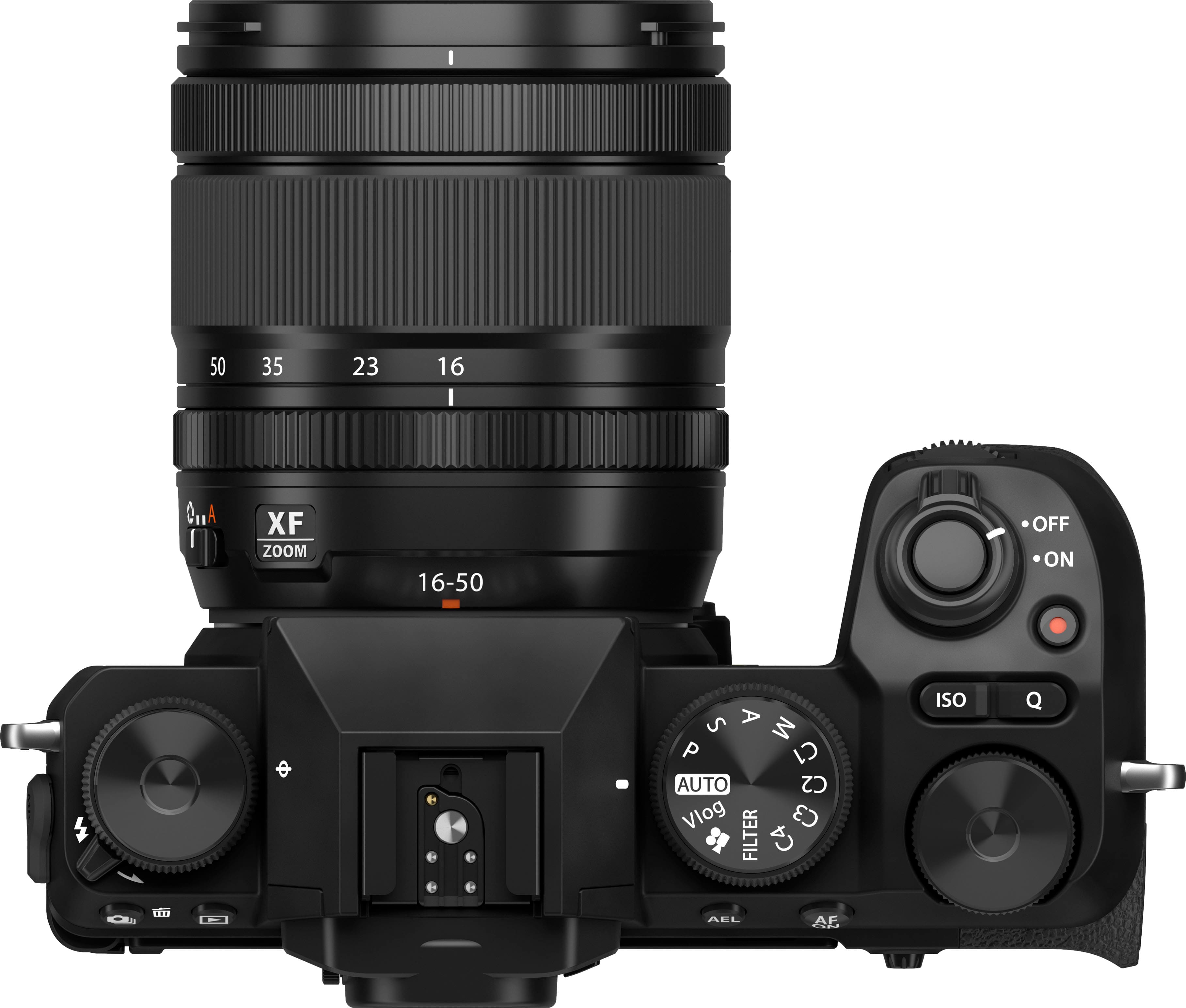 The image features a black camera with a zoom lens, which is a digital camera. The camera has a zoom lens that goes from 16 to 50, and it is equipped with an XF lens. The camera also has a filter function, allowing users to adjust the filter settings according to their preferences. The camera is designed for both vlog and auto modes, catering to different user needs.