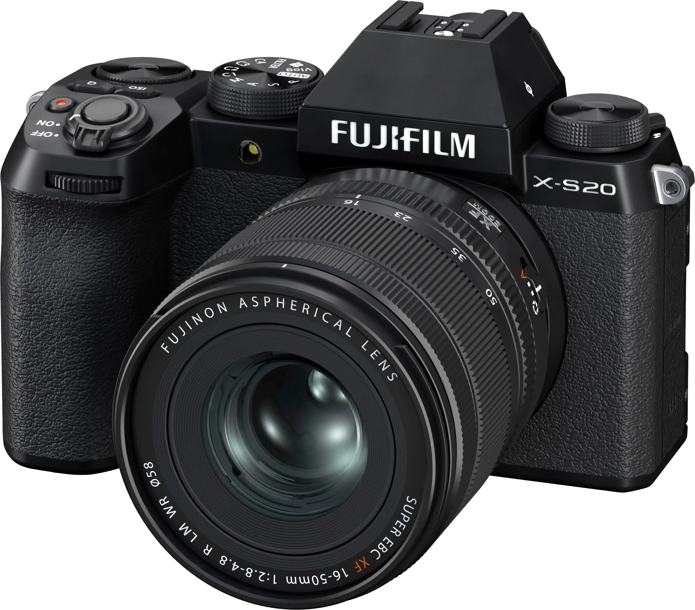 The image features a Fujifilm X-S20 camera with a Fujinon aspherical lens. The camera is black and has a large lens, making it suitable for capturing high-quality images. The lens is designed to provide excellent image sharpness and clarity, making it a popular choice for photographers.