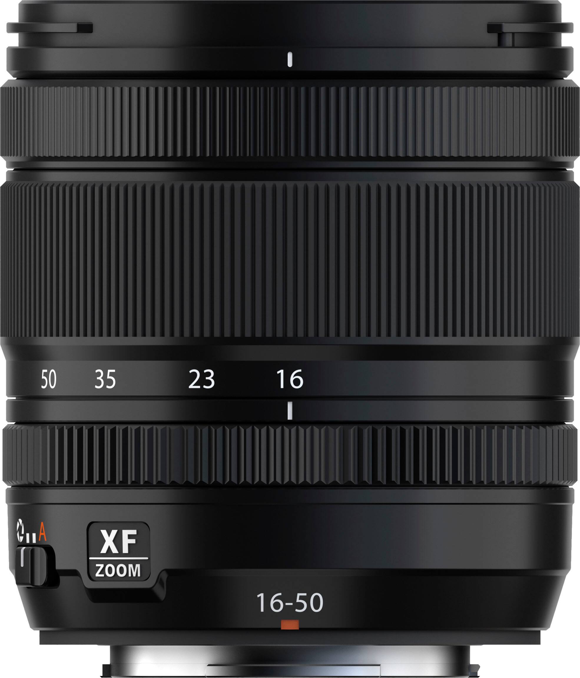 The image features a close-up of a black lens, which is a part of a digital camera. The lens has a zoom function, as indicated by the numbers 16-50 on it. The lens is positioned in front of a white background, making it the main focus of the image.