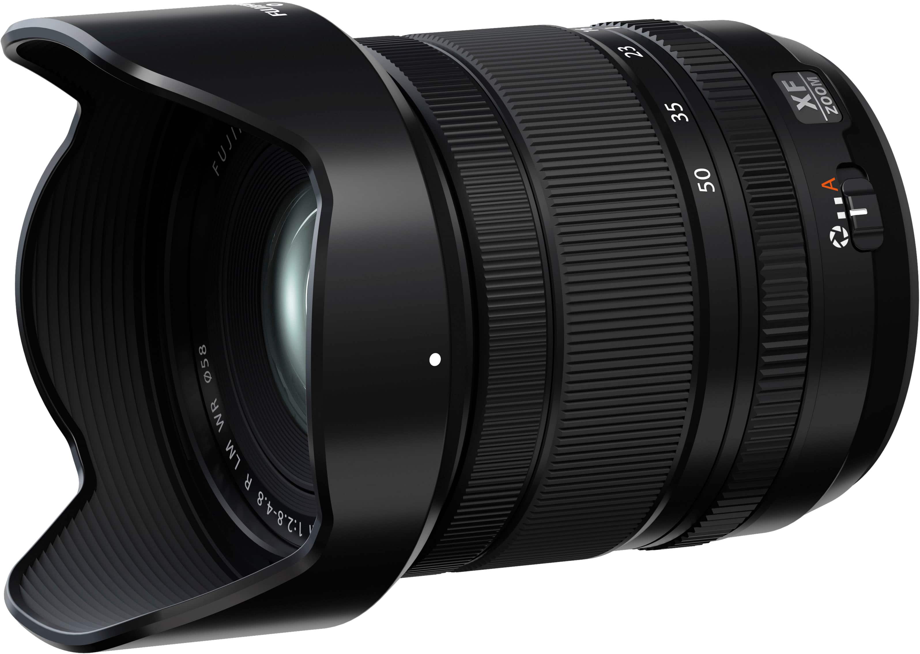 The image features a large, black lens with a white background. The lens is a zoom lens, with the numbers 23, 35, 50, and 58 visible on it. The lens is part of a FUJI camera, which is known for its high-quality optics and performance.