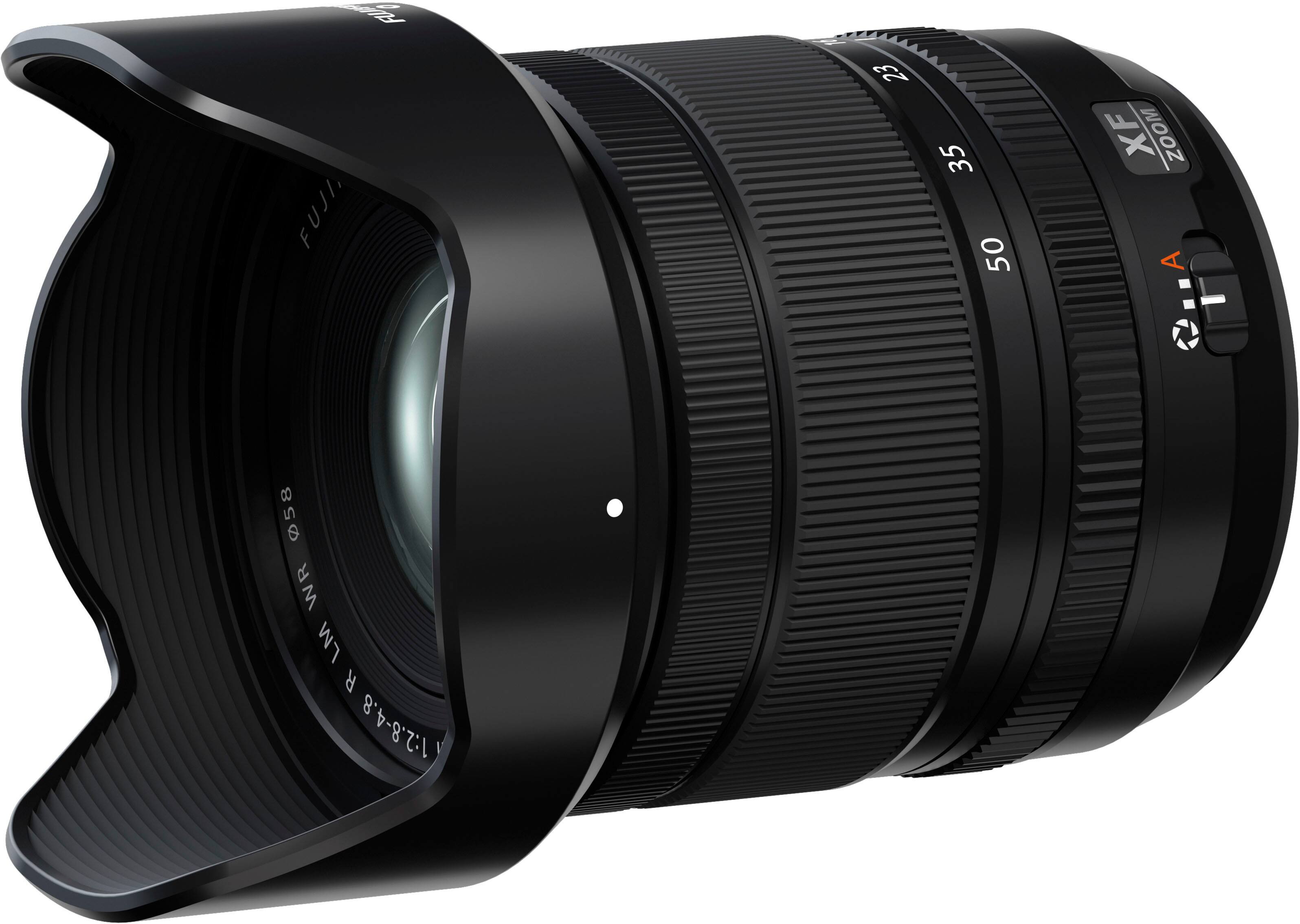 The image features a large, black lens with a white background. The lens is a zoom lens, with the numbers 23, 35, 50, and 58 visible on it. The lens is part of a FUJI camera, which is known for its high-quality optics and performance.
