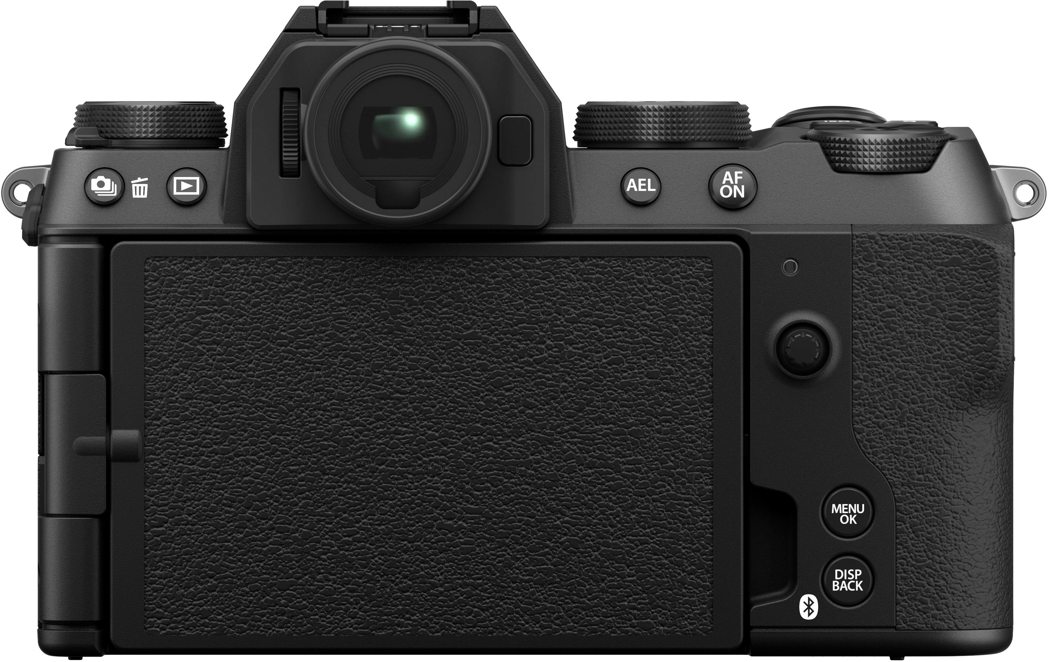 The image features a black digital camera with a large lens, which is likely a mirrorless camera. The camera has a viewfinder and a screen on the back, making it suitable for both viewing and taking pictures. The camera is designed for professional use, as it is a high-quality, advanced model.