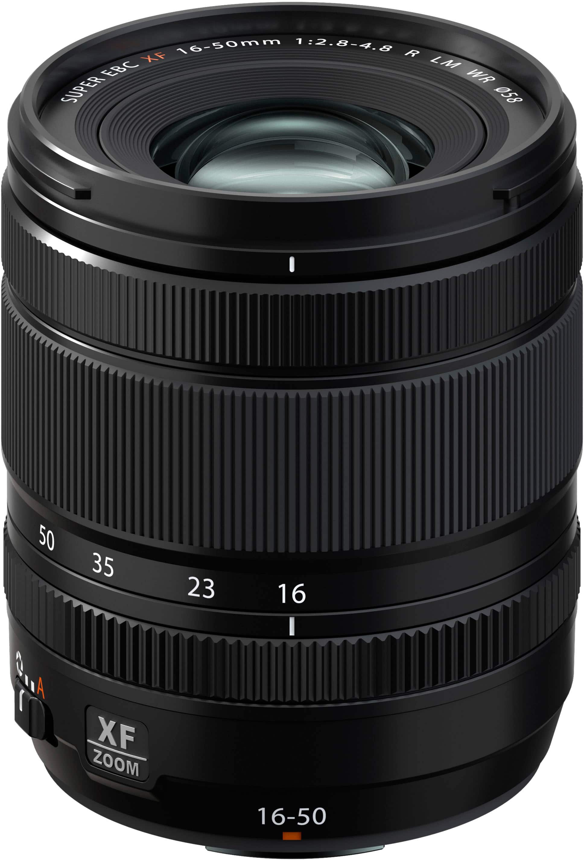 The image features a close-up of a black lens, which is a part of a digital camera. The lens is a 16-50mm zoom lens with a 1/2.8-4.8 aperture. The lens is designed for use with a Canon camera, as indicated by the "Canon" logo visible in the image. The lens is positioned in front of a white background, which helps to emphasize its details and features.