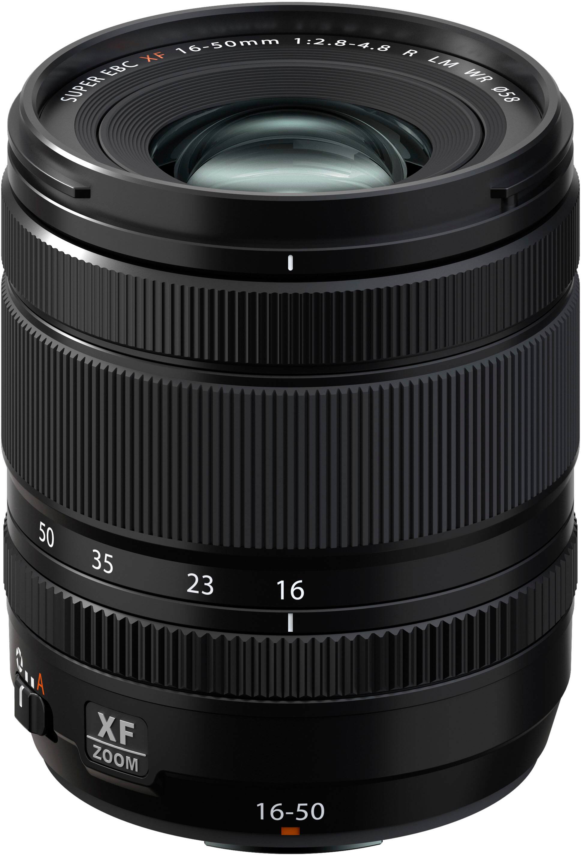 The image features a close-up of a black lens, which is a part of a digital camera. The lens is a 16-50mm zoom lens with a 1/2.8-4.8 aperture. The lens is designed for use with a Canon camera, as indicated by the "Canon" logo visible in the image. The lens is positioned in front of a white background, which helps to emphasize its details and features.