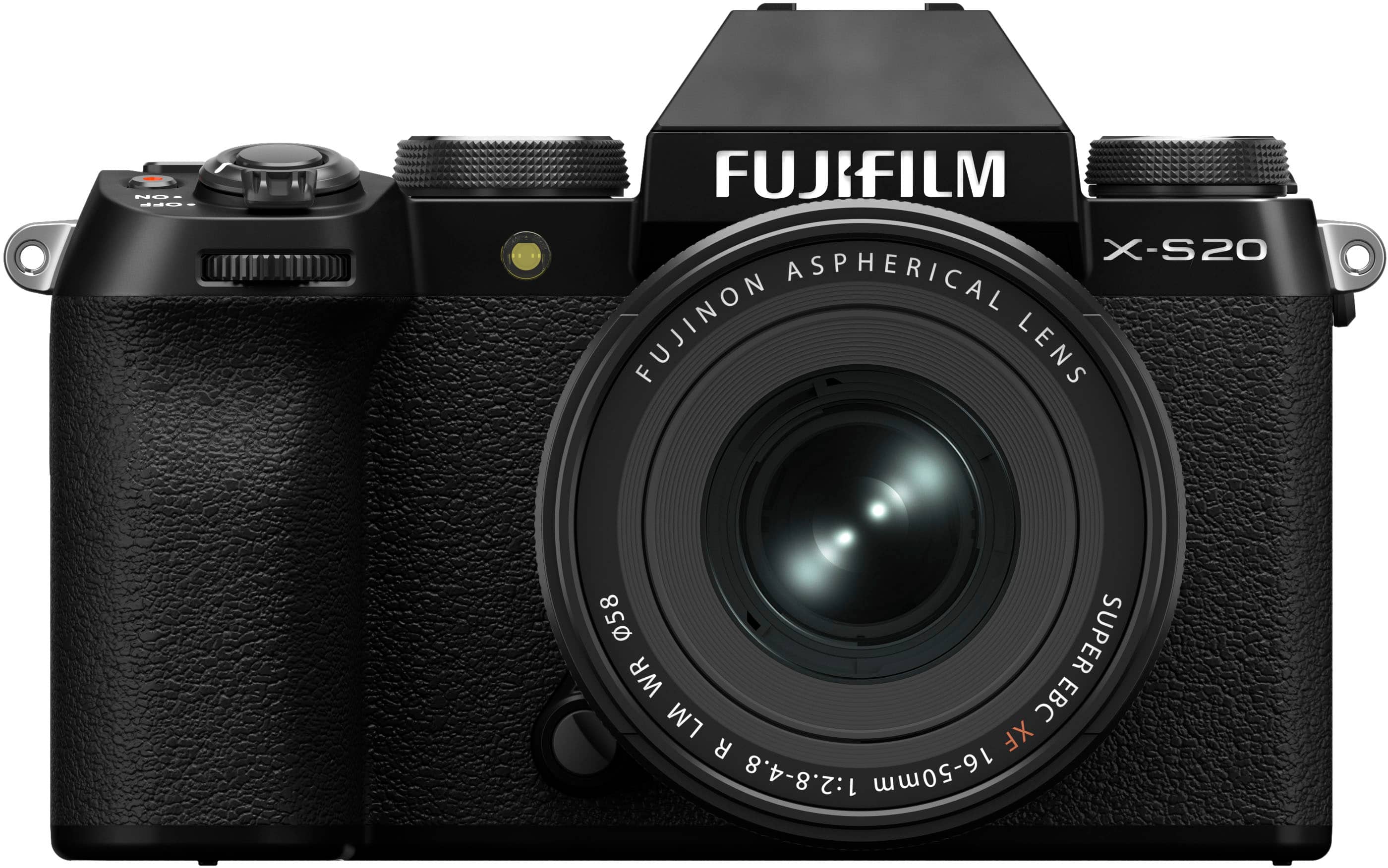 The image features a black FUJIFILM X-S20 camera with a large lens. The lens is an aspherical FUJINON lens with a focal length of 58mm and a maximum aperture of f/2.8-4.8. The camera is designed for capturing high-quality images and is suitable for various photography needs.