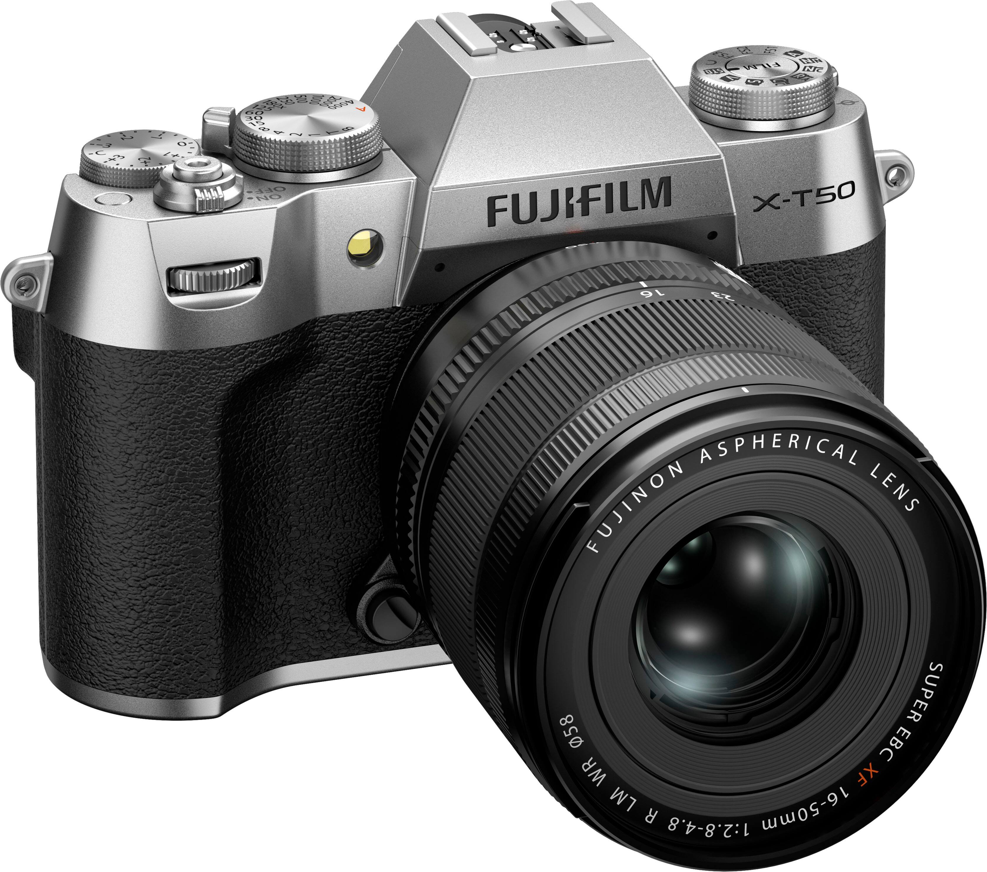 The image features a Fujifilm X-T50 camera with a 16-50mm lens. The camera is silver in color and has a large lens attached to it. The lens is described as having an aspherical Fujinon lens, which is likely to provide high-quality images. The camera is positioned on a white background, making it the main focus of the image.