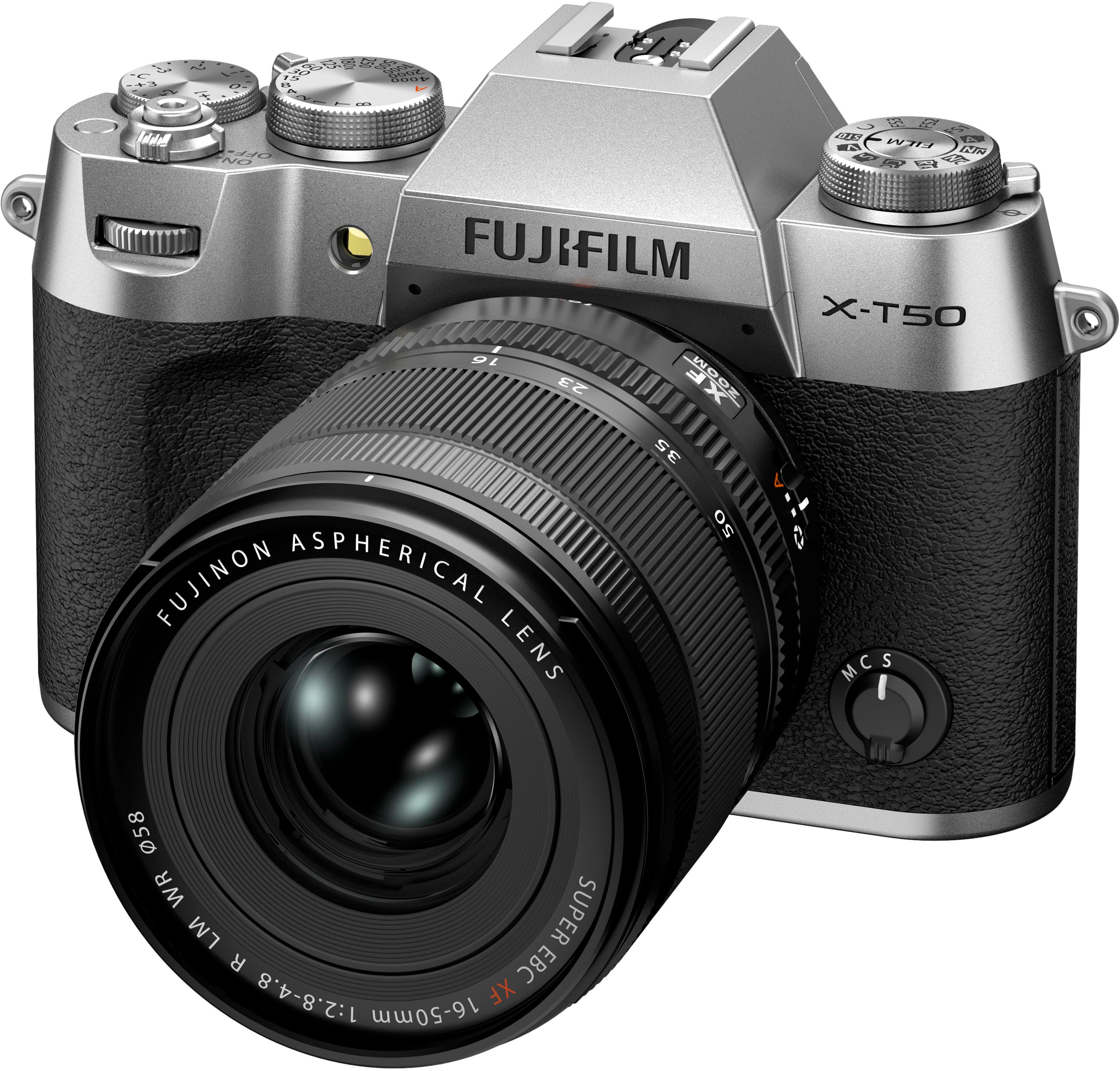 The image features a close-up of a Fujifilm X-T50 camera with a Fujinon aspherical lens. The camera is silver and black in color, and the lens is prominently displayed in the foreground. The image is categorized as a Digital Camera.