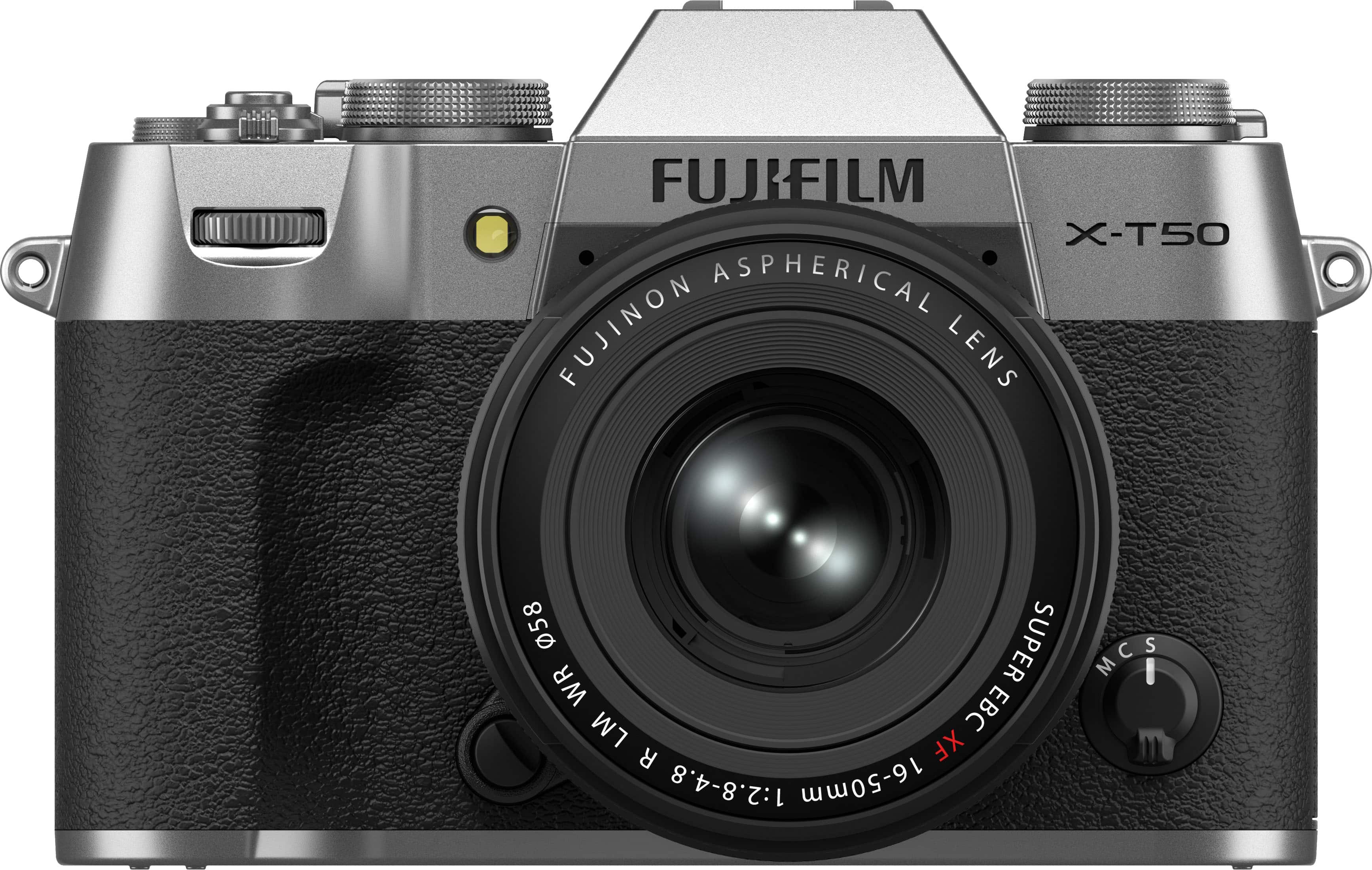 The image features a close-up of a FUJIFILM X-T50 camera with an aspherical FUJINON lens. The camera has a silver and black color scheme, and it is positioned against a white background. The lens is prominently displayed, showcasing its features and quality.