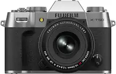 The image features a close-up of a FUJIFILM X-T50 camera with an aspherical FUJINON lens. The camera has a silver and black color scheme, and it is positioned against a white background. The lens is prominently displayed, showcasing its features and quality.