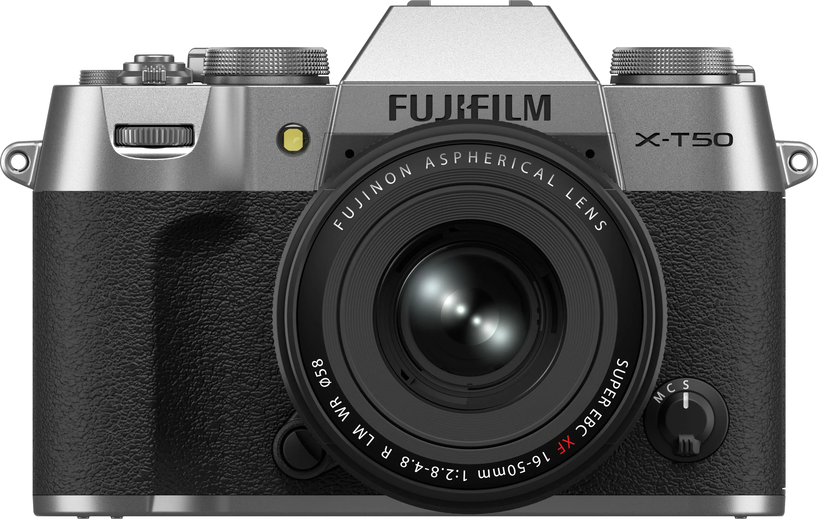 The image features a close-up of a FUJIFILM X-T50 camera with an aspherical FUJINON lens. The camera has a silver and black color scheme, and it is positioned against a white background. The lens is prominently displayed, showcasing its features and quality.
