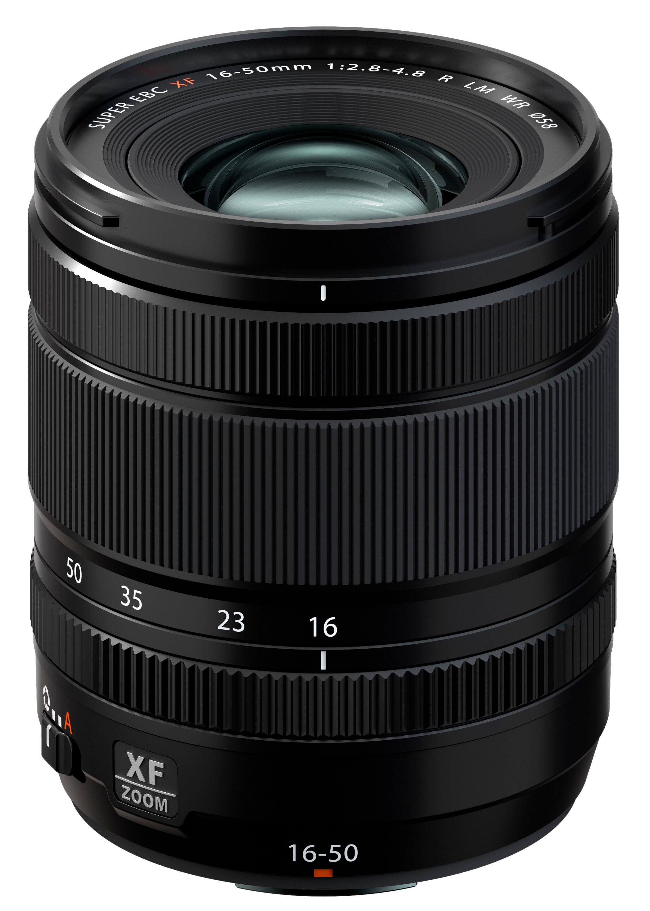 The image features a close-up of a black lens, which is a part of a digital camera. The lens has a focal length of 16-50mm and is designed with a 1:2.8-4.8 aperture. The lens is made by a company called XF, and it is equipped with a zoom feature. The lens is also water-resistant and has a clean, professional appearance.