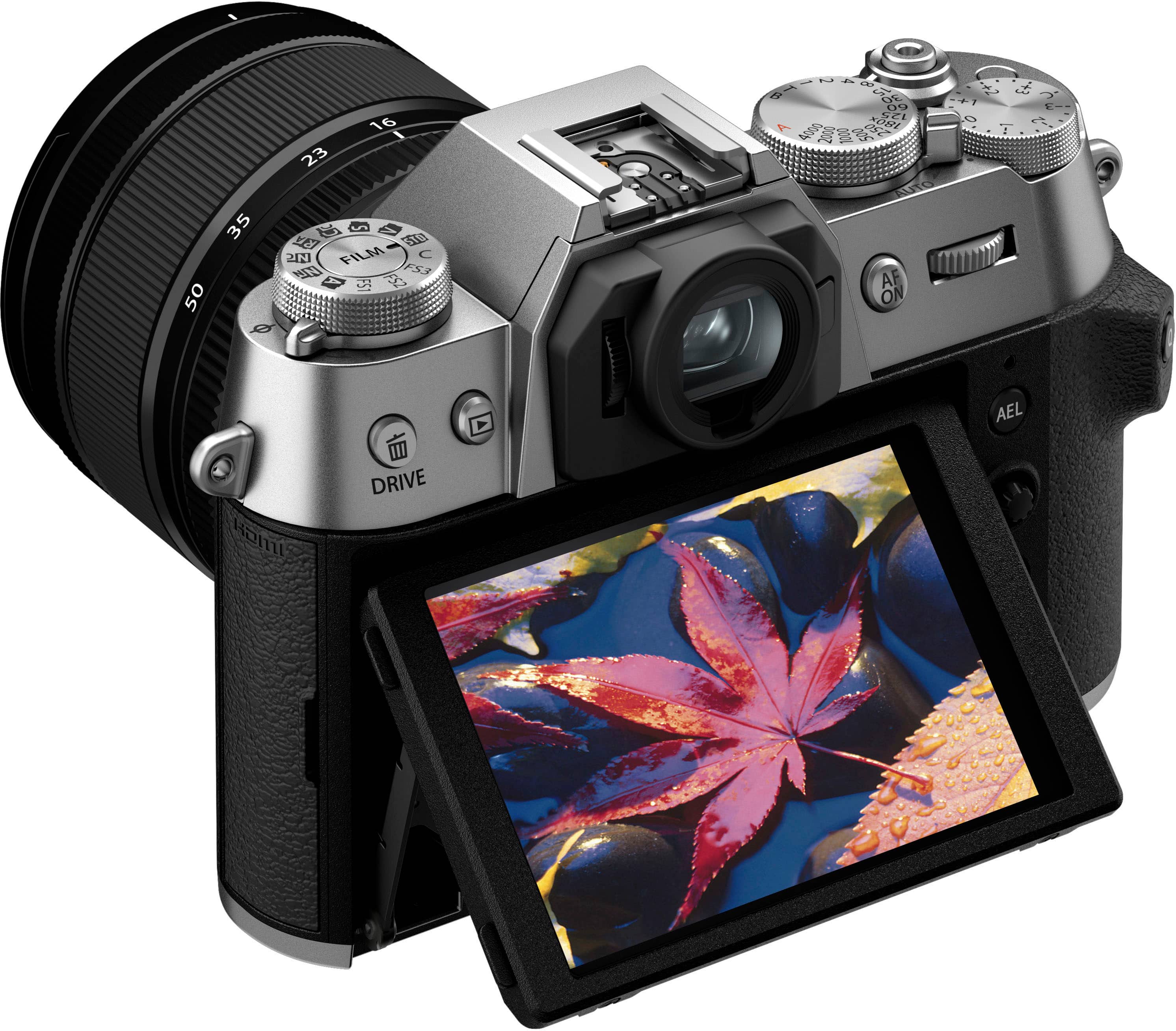 The image features a digital camera with a large screen on the front. The camera has a viewfinder and a screen, which are both turned on. The camera is equipped with a lens and a flash, making it suitable for capturing high-quality photos and videos. The camera is designed for easy handling and operation, with buttons and a dial for adjusting settings and controlling the camera's functions. The image is categorized as Digital_Cameras, which highlights the camera's digital nature and advanced features.