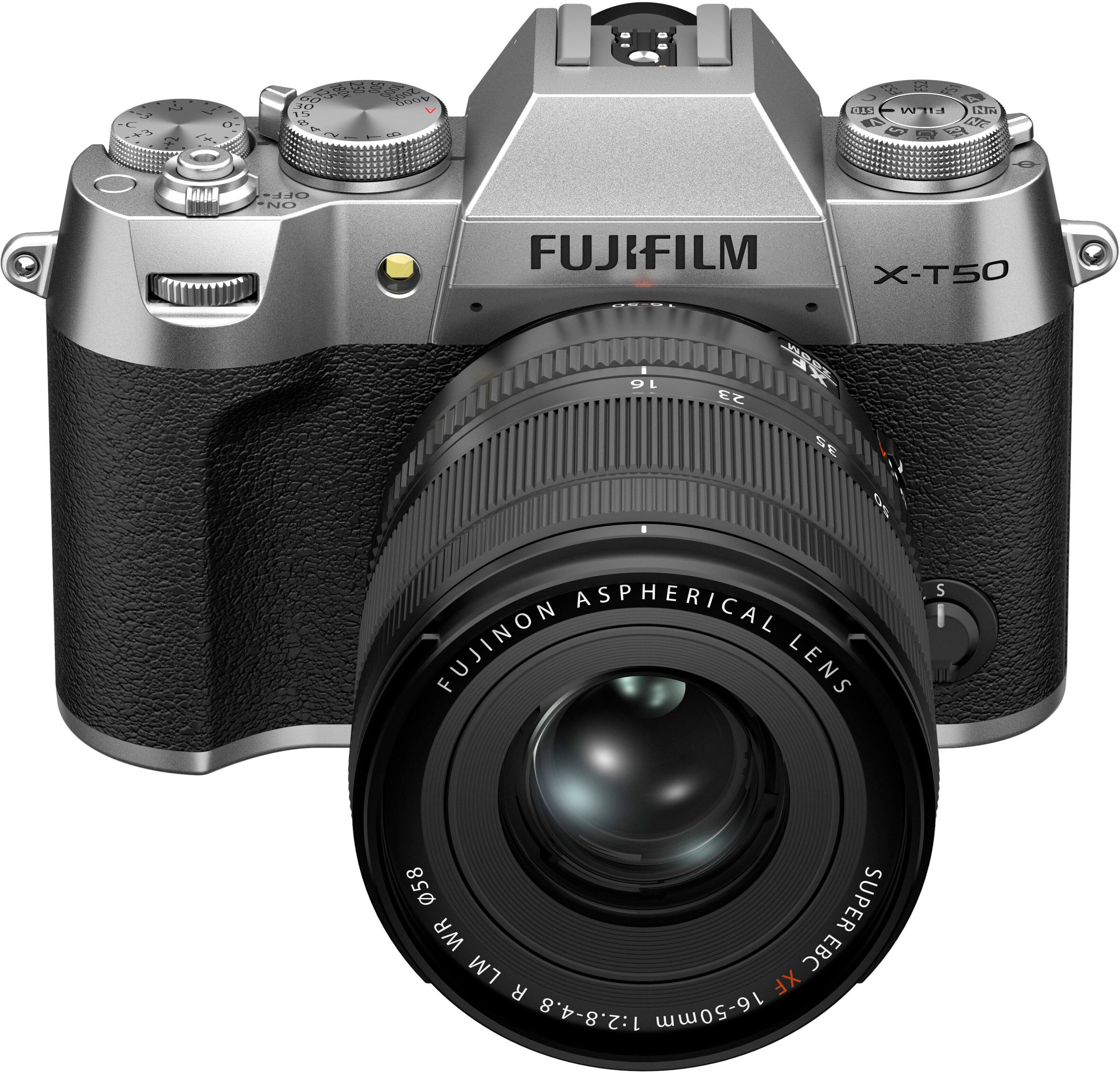 The image features a close-up of a Fujifilm X-T50 camera with a 16-50mm lens. The camera is positioned on a white background, making the lens the focal point of the image. The lens is described as an aspherical Fujinon lens, which is known for its high-quality optics and sharpness. The camera is designed for capturing high-resolution images and is equipped with advanced features for professional photography.