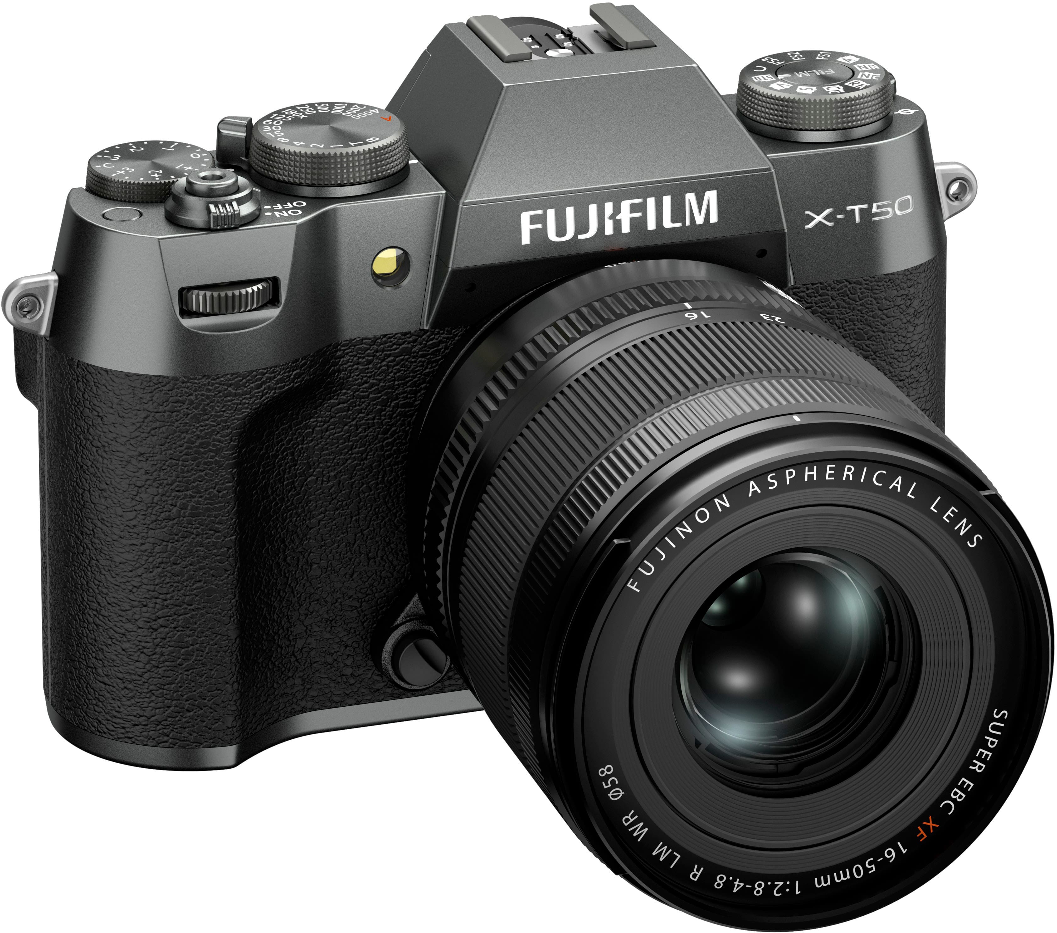 The image features a Fujifilm X-T50 camera with a large lens. The camera is black and has a Fujinon lens attached to it. The lens is described as an aspherical lens, which is designed to provide better image quality and reduce distortion. The camera is positioned on a white background, making it the main focus of the image.