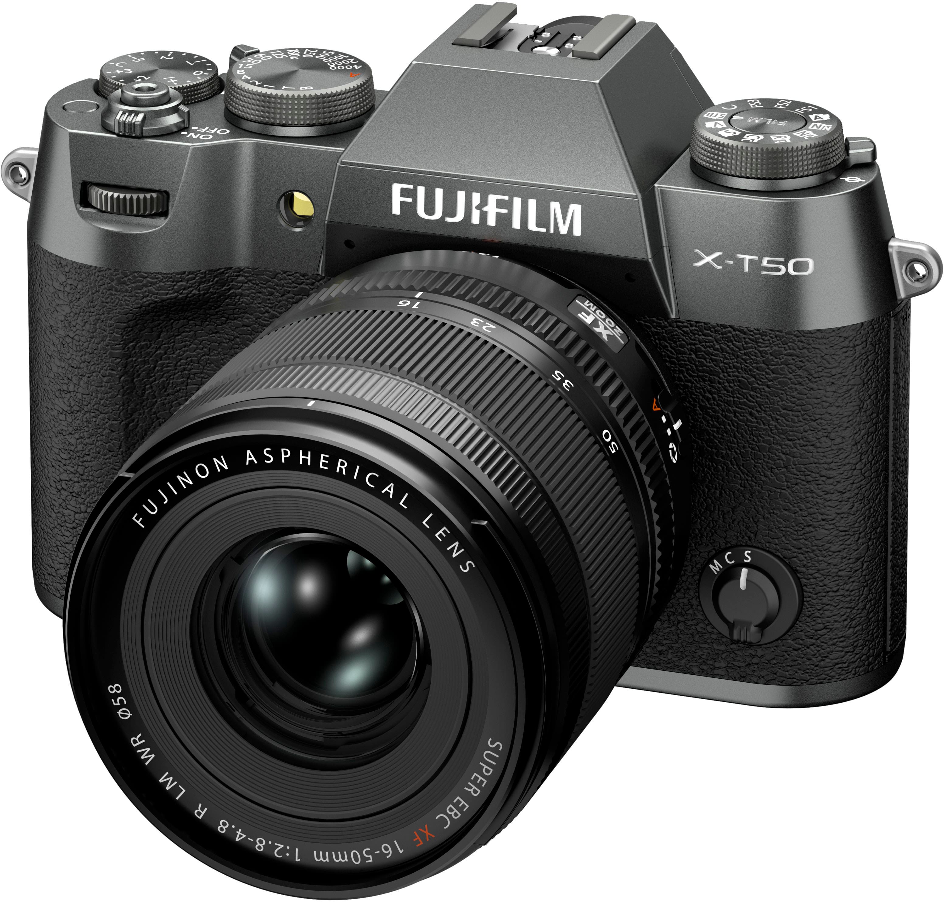 The image features a close-up of a Fujifilm X-T50 camera with a Fujinon Aspherical Lens. The camera is black and silver in color, and it is positioned in front of a white background. The lens is prominently displayed, showcasing its impressive features.