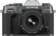 The image features a FUJIFILM X-T50 camera with an aspherical FUJINON lens. The lens has a focal length of 16-50mm and a maximum aperture of 1:2.8-4.8. The camera is designed for high-quality photography and is suitable for various shooting conditions. The lens is mounted on the camera, ready for use.