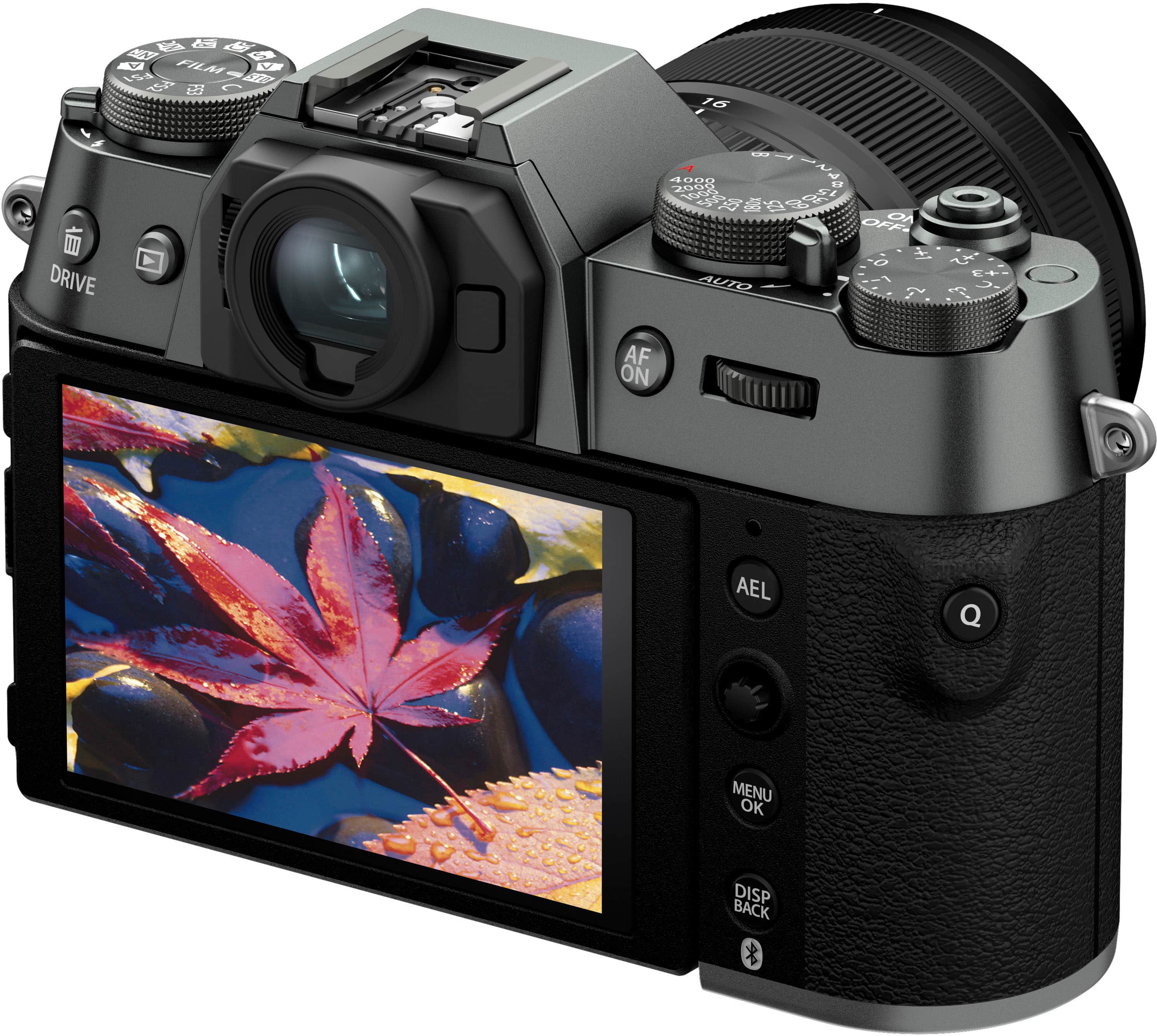 The image features a digital camera with a large screen, which is likely the main focus of the image. The camera is placed on a white background, making it stand out prominently. The camera has a variety of buttons and settings, including a menu button, an OK button, and an auto focus button. Additionally, there is a display screen that shows the camera's settings and options. The camera is designed to capture high-quality images and provide a user-friendly experience for photographers.