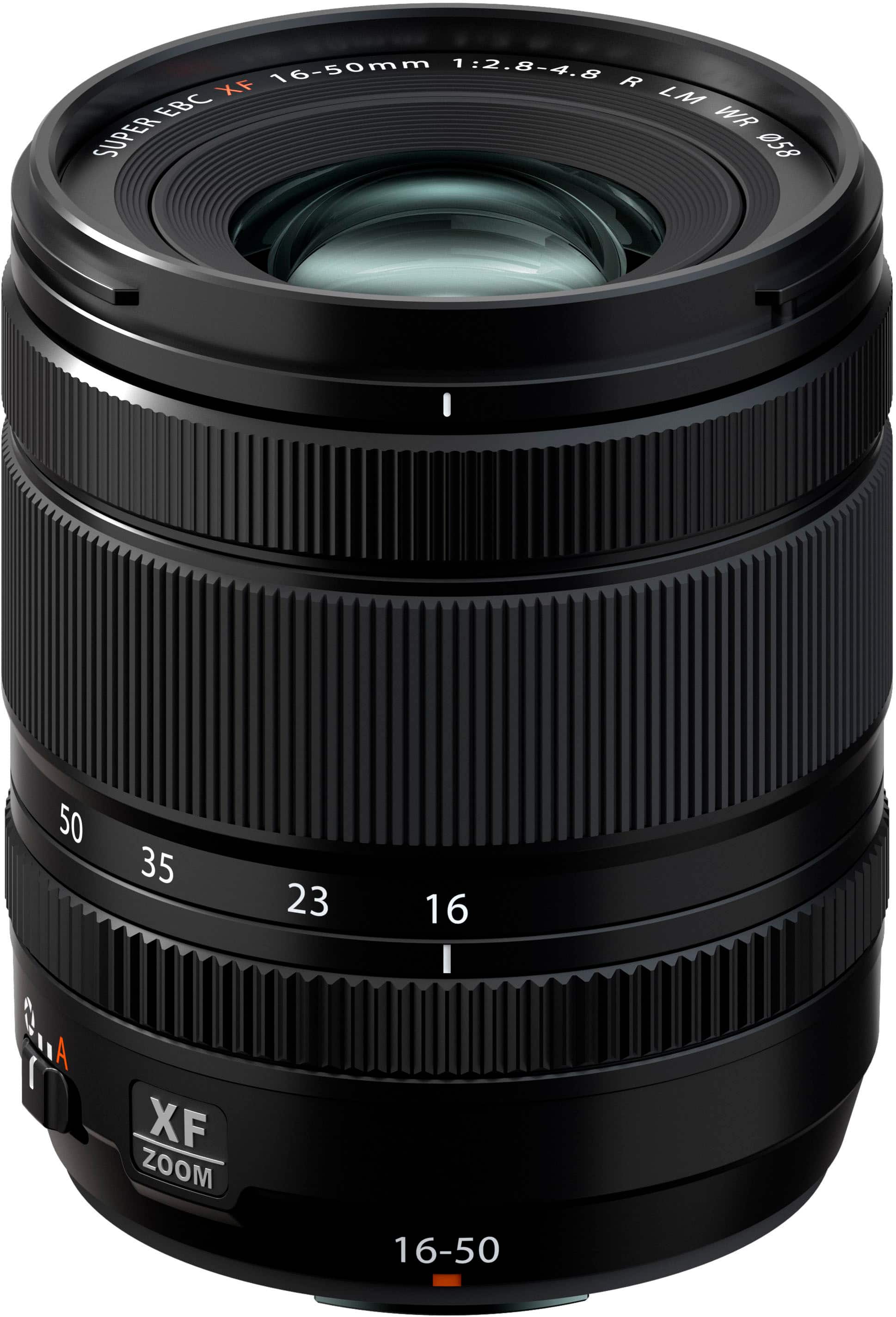 The image features a close-up of a black lens, which is a part of a digital camera. The lens has a focal length of 16-50mm and is designed with a 1:2.8-4.8 aperture. The lens is made by a company called XF, and it is equipped with a zoom feature. The lens is also water-resistant and has a clean, professional appearance.