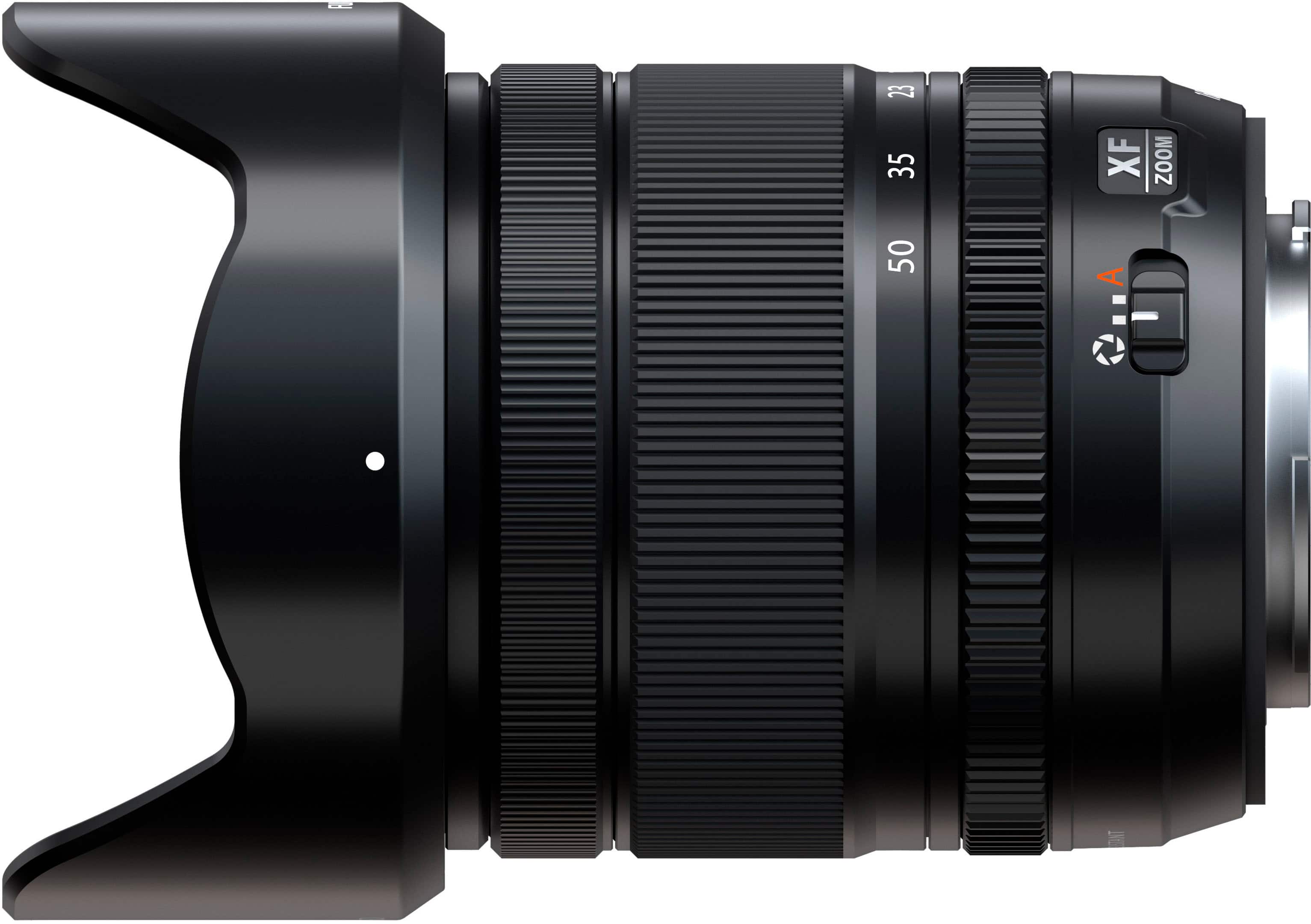 The image features a large black lens, which is likely a part of a camera. The lens is prominently displayed in the foreground, with the background being white. The lens is described as a "digital camera lens," which suggests that it is designed for use with digital cameras. The lens is also described as a "zoom lens," indicating that it has the ability to zoom in and out. The lens is further described as having a "50mm" focal length, which is a common focal length for lenses and can provide a wide range of focusing capabilities.